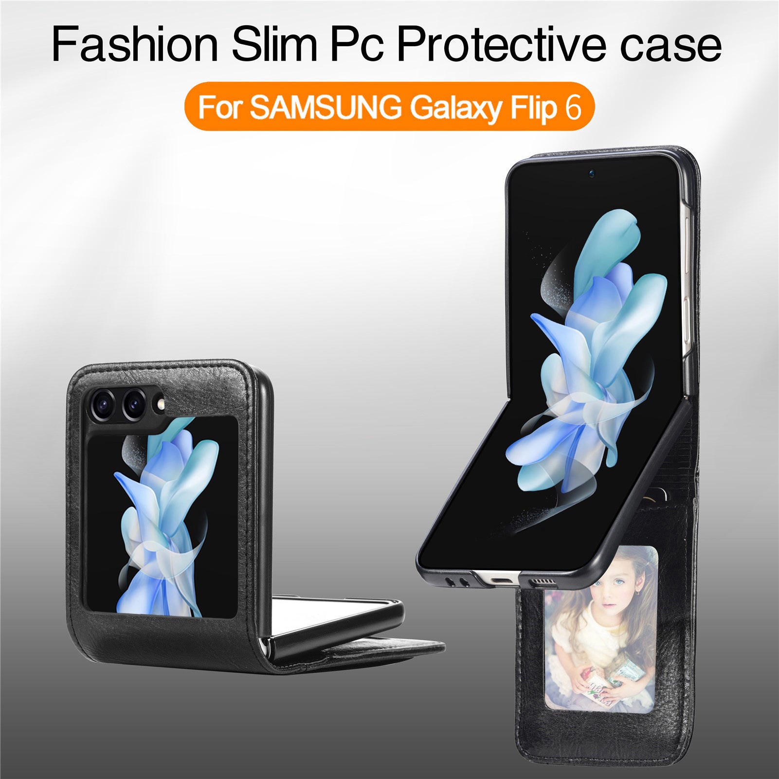 For Samsung Galaxy Z Flip6 5G Case Leather Phone Cover Card Slots Photo Frame Slot - Black