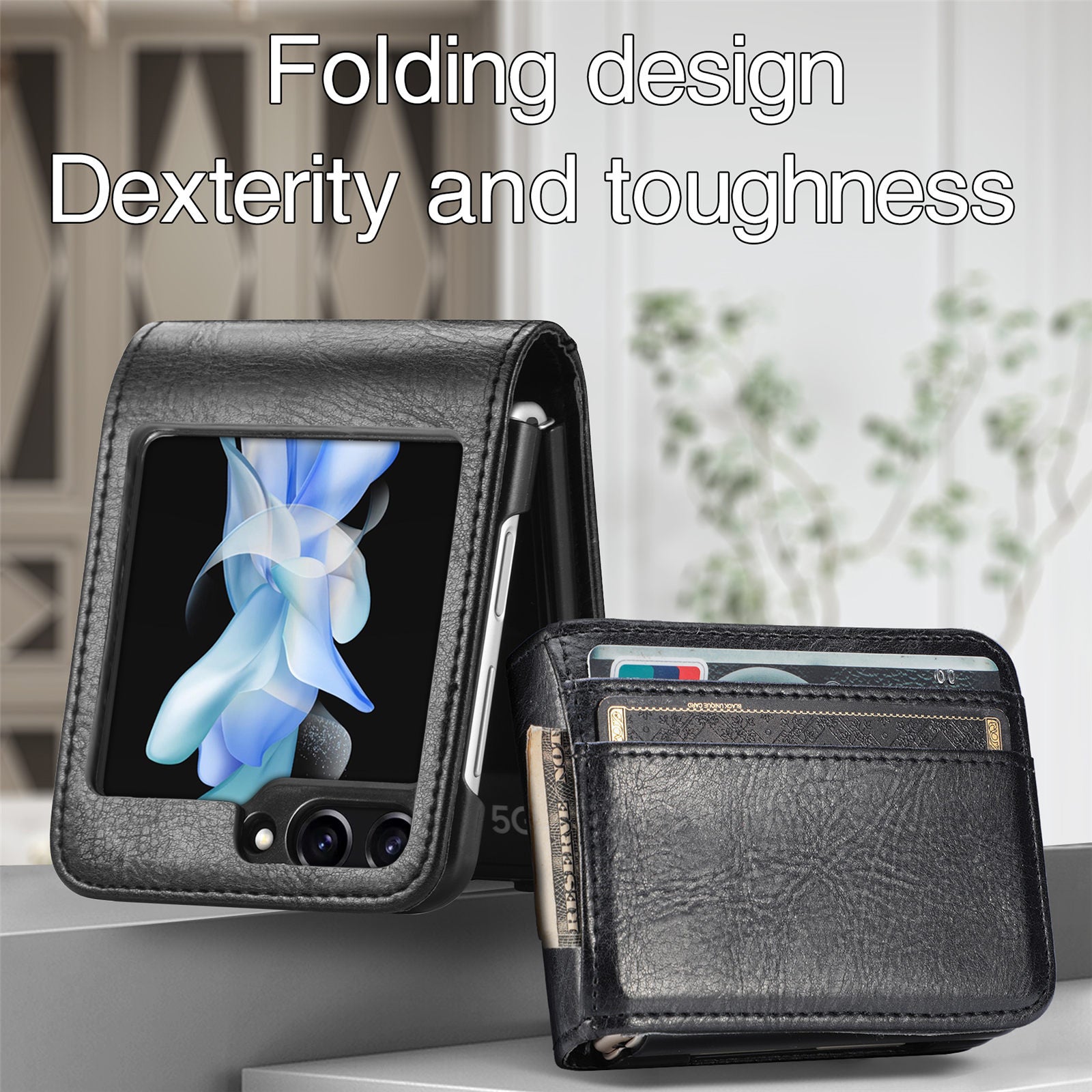 For Samsung Galaxy Z Flip6 5G Case Leather Phone Cover Card Slots Photo Frame Slot - Black