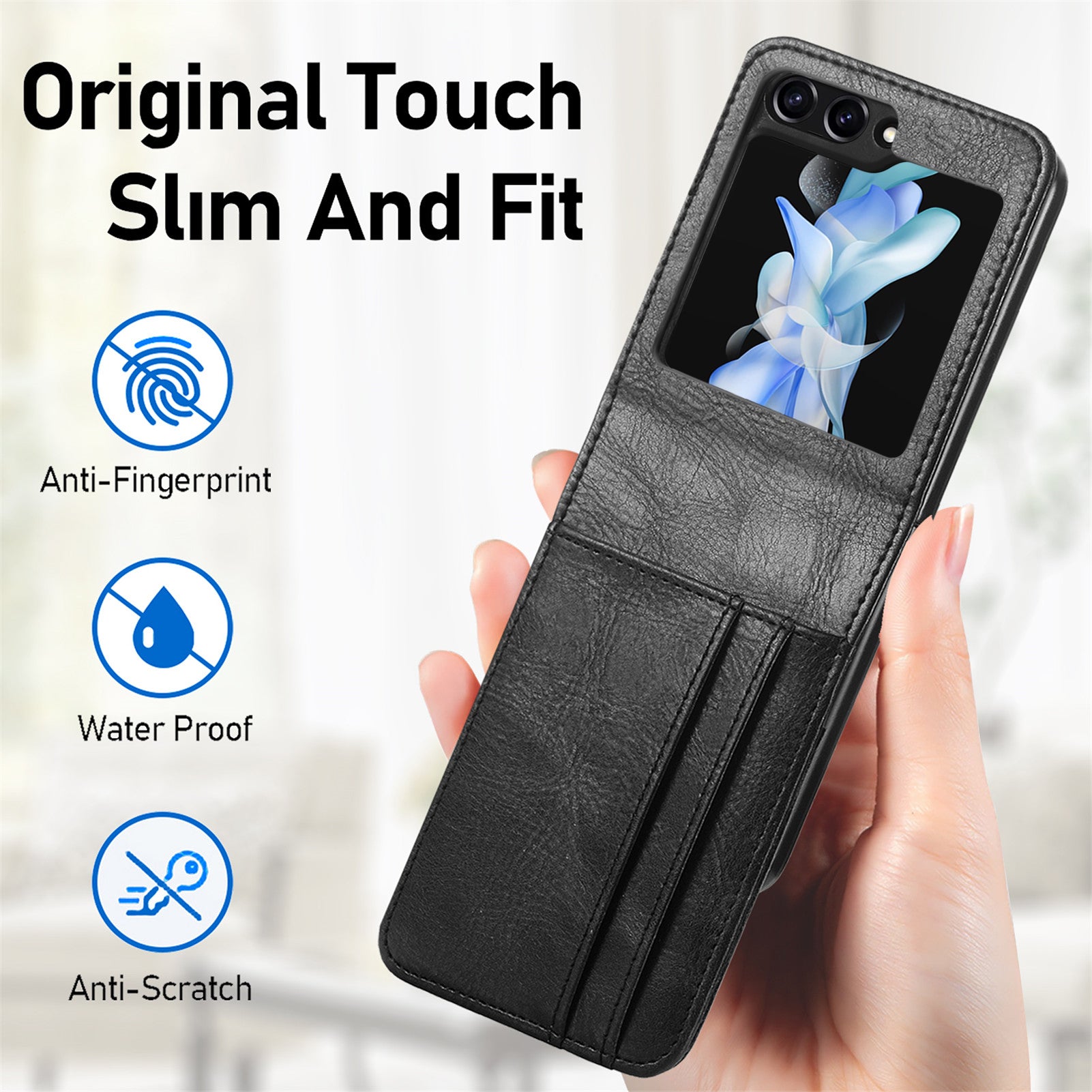 For Samsung Galaxy Z Flip6 5G Case Leather Phone Cover Card Slots Photo Frame Slot - Black