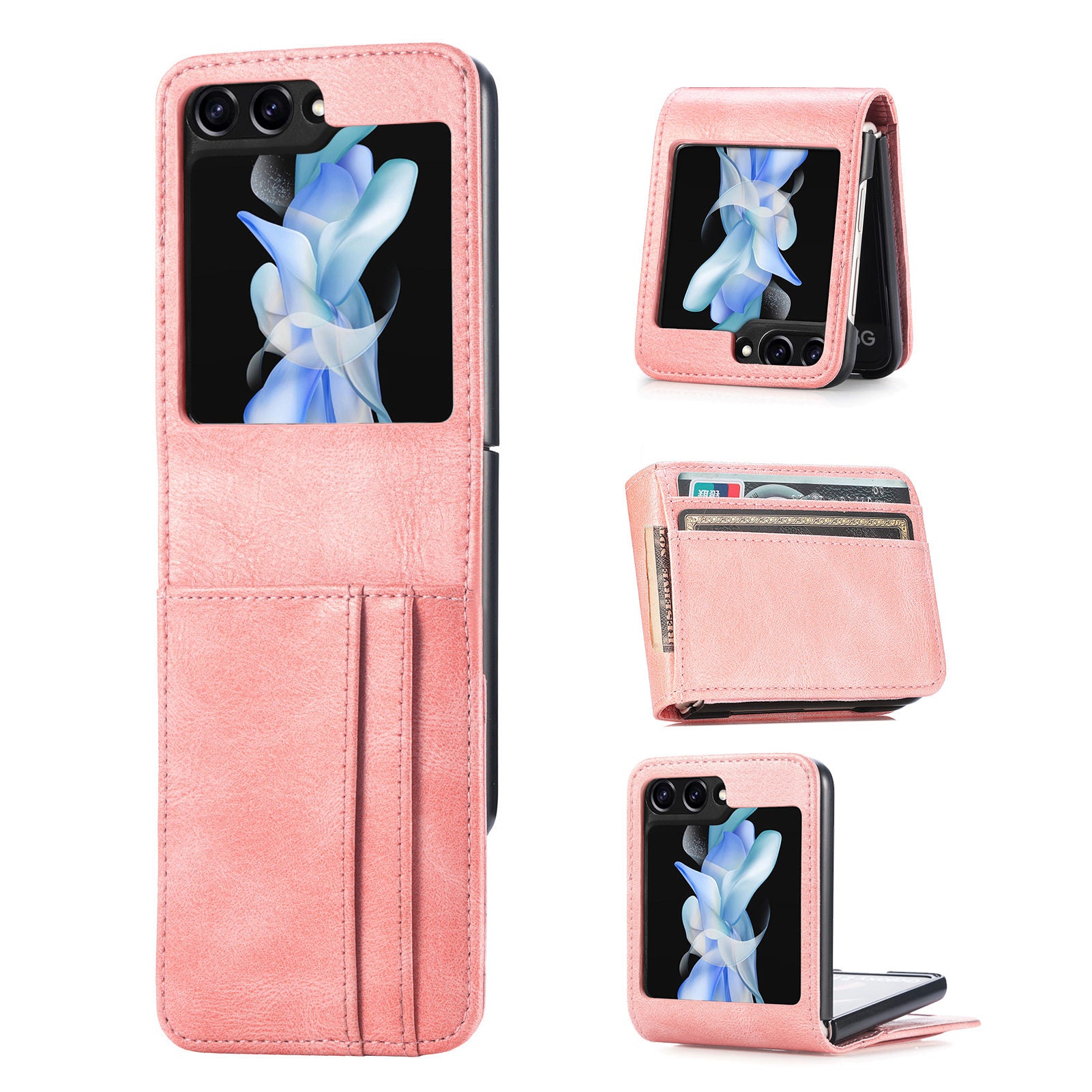 For Samsung Galaxy Z Flip6 5G Case Leather Phone Cover Card Slots Photo Frame Slot - Pink