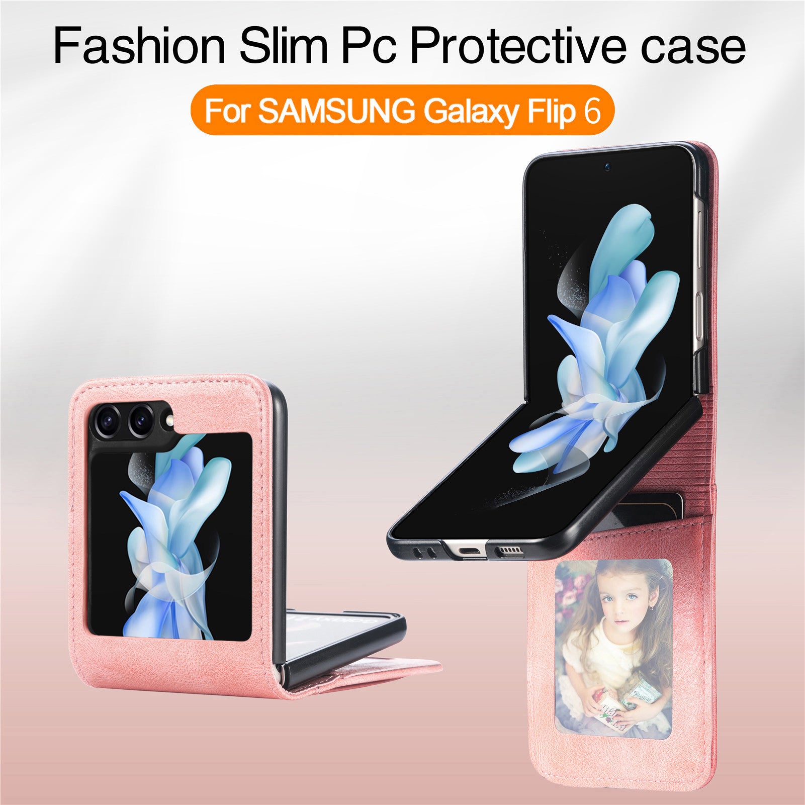 For Samsung Galaxy Z Flip6 5G Case Leather Phone Cover Card Slots Photo Frame Slot - Pink