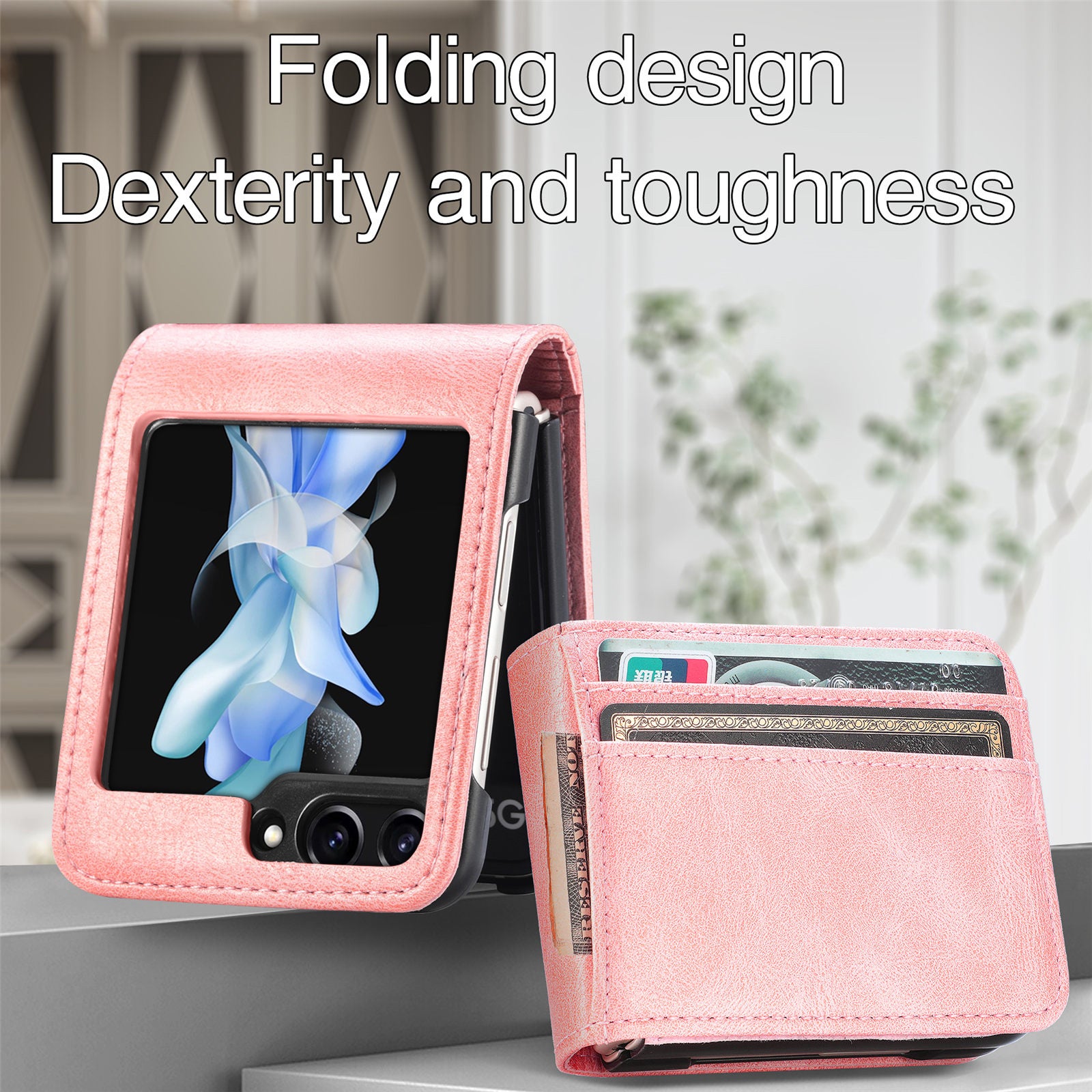 For Samsung Galaxy Z Flip6 5G Case Leather Phone Cover Card Slots Photo Frame Slot - Pink
