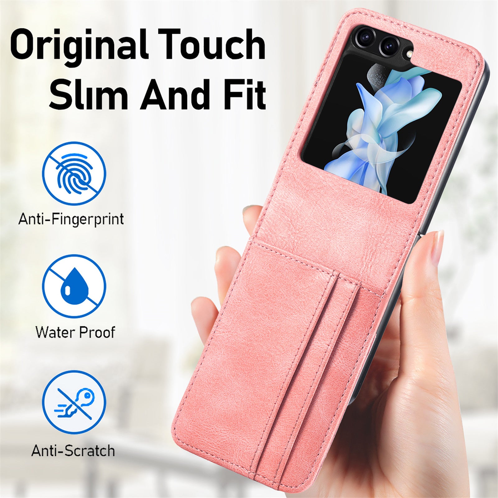 For Samsung Galaxy Z Flip6 5G Case Leather Phone Cover Card Slots Photo Frame Slot - Pink