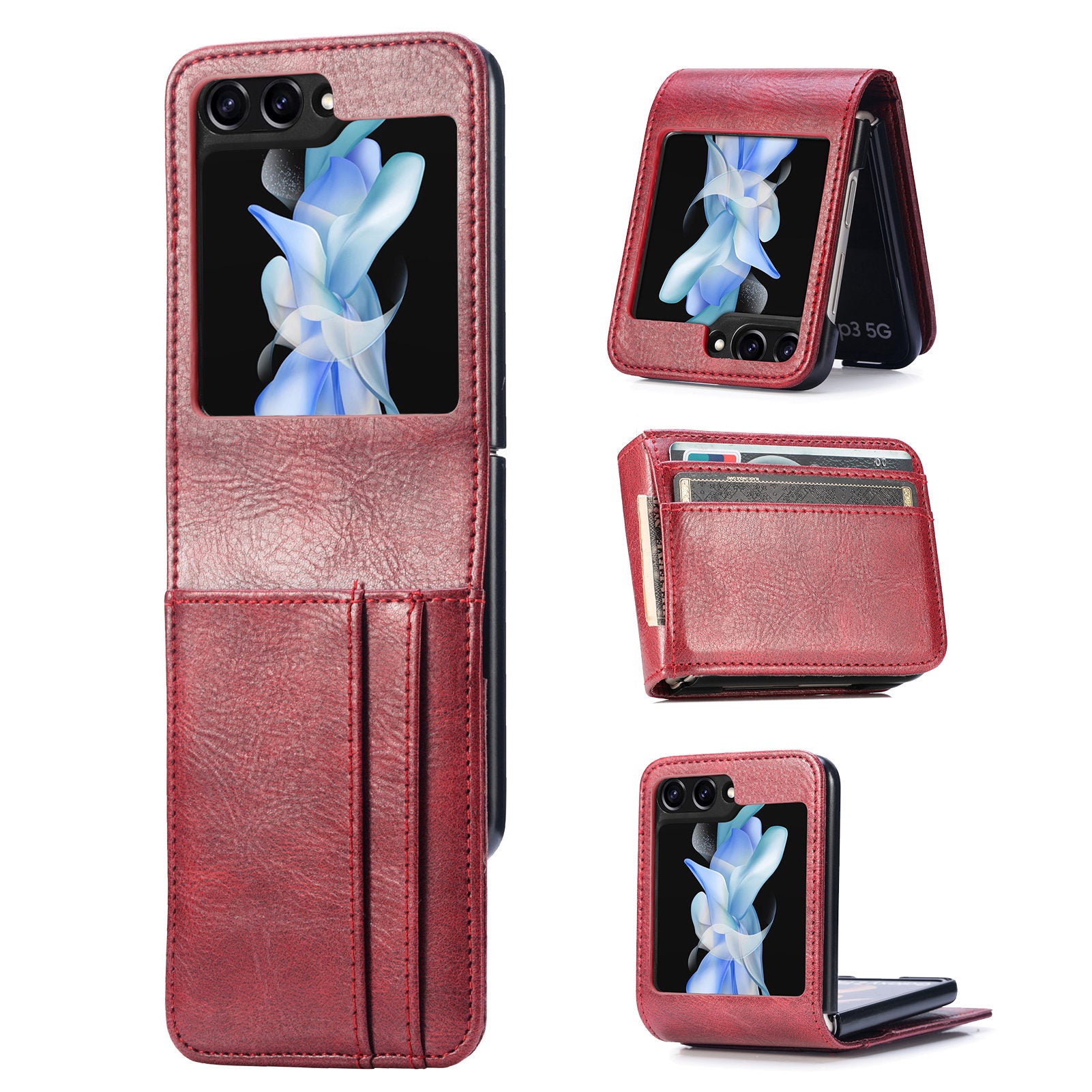 For Samsung Galaxy Z Flip6 5G Case Leather Phone Cover Card Slots Photo Frame Slot - Red