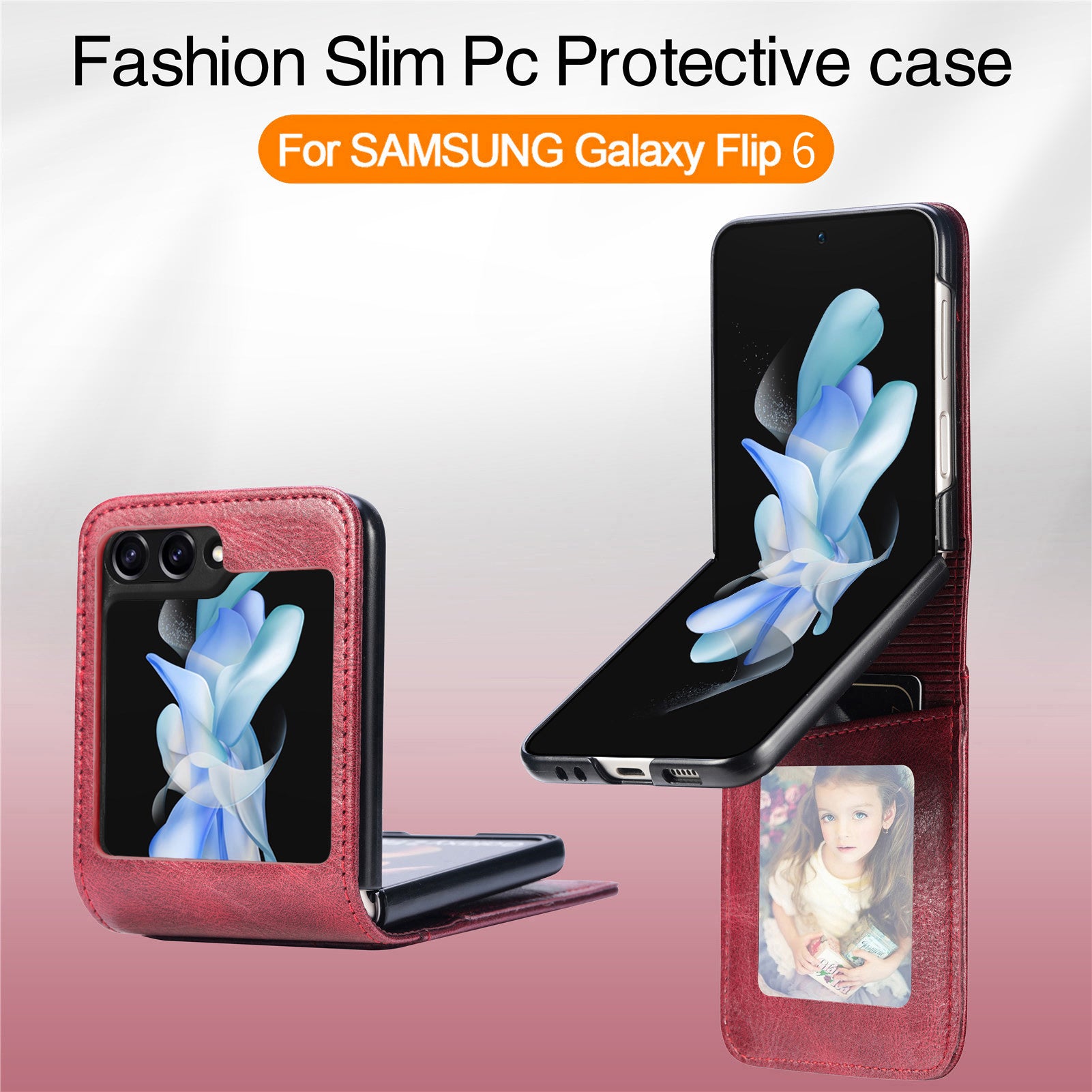 For Samsung Galaxy Z Flip6 5G Case Leather Phone Cover Card Slots Photo Frame Slot - Red