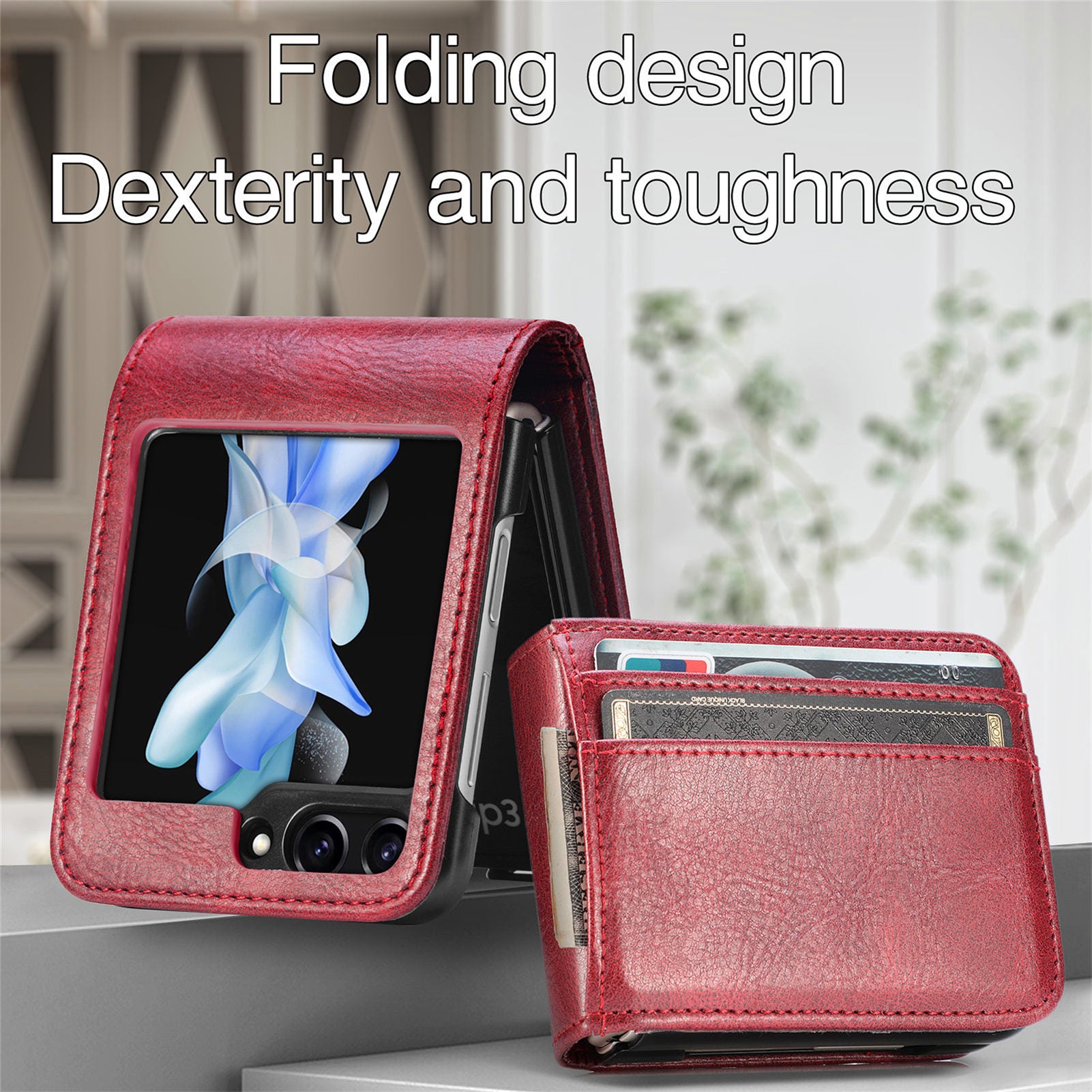 For Samsung Galaxy Z Flip6 5G Case Leather Phone Cover Card Slots Photo Frame Slot - Red