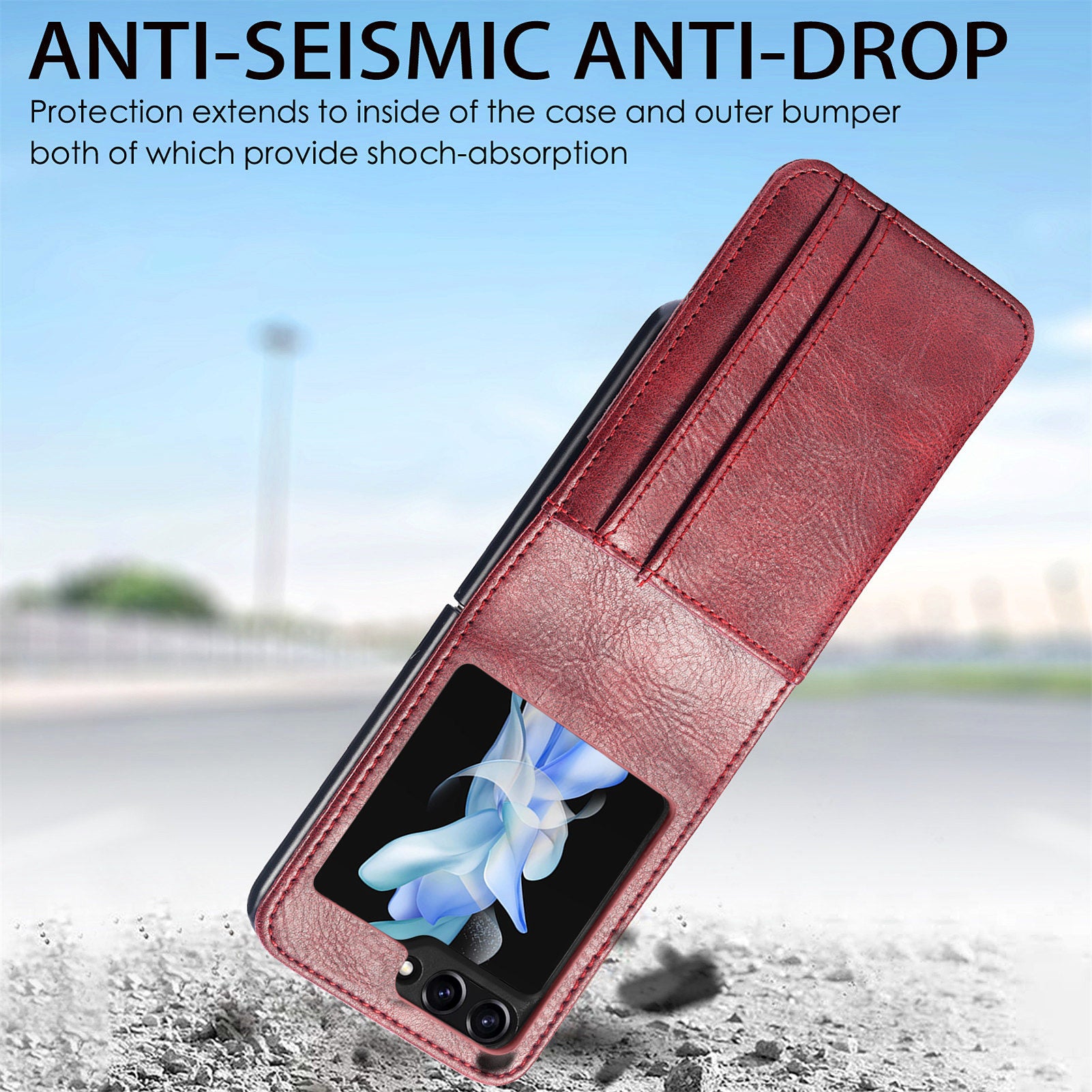For Samsung Galaxy Z Flip6 5G Case Leather Phone Cover Card Slots Photo Frame Slot - Red
