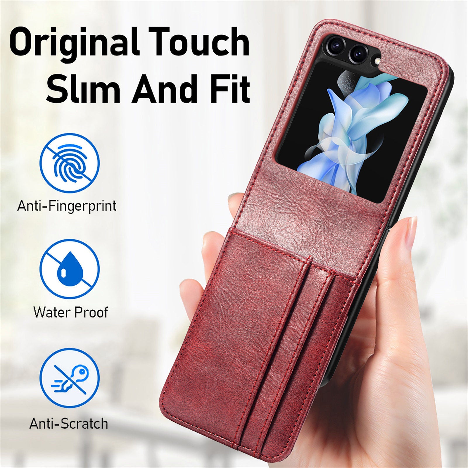 For Samsung Galaxy Z Flip6 5G Case Leather Phone Cover Card Slots Photo Frame Slot - Red