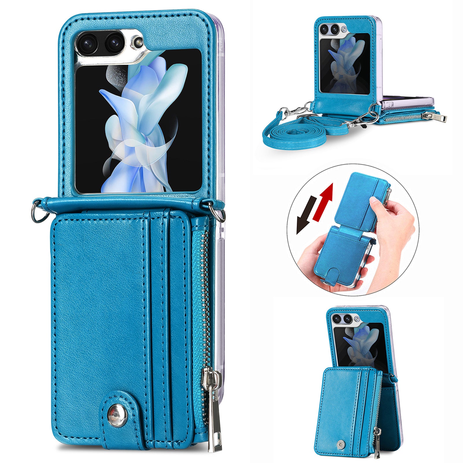 For Samsung Galaxy Z Flip6 5G Case Zipper Card Holder Leather Phone Cover with Long Strap - Blue