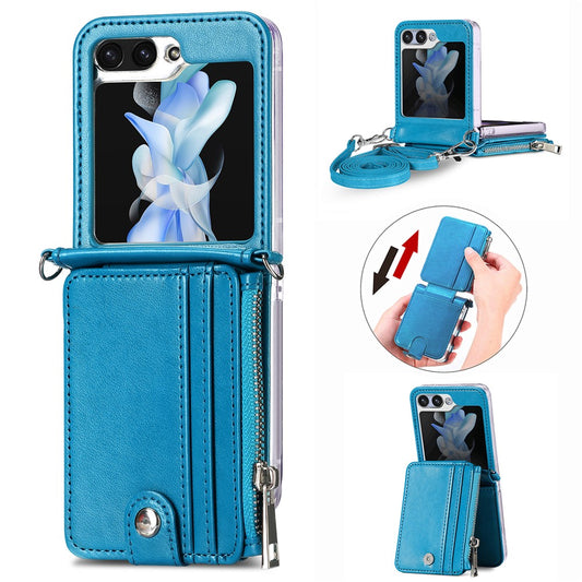 For Samsung Galaxy Z Flip7 FE 5G / Z Flip6 5G Case Zipper Card Holder Leather Phone Cover with Long Strap - Blue
