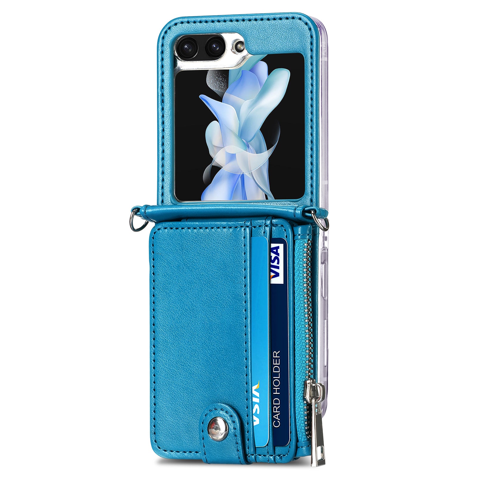 For Samsung Galaxy Z Flip6 5G Case Zipper Card Holder Leather Phone Cover with Long Strap - Blue