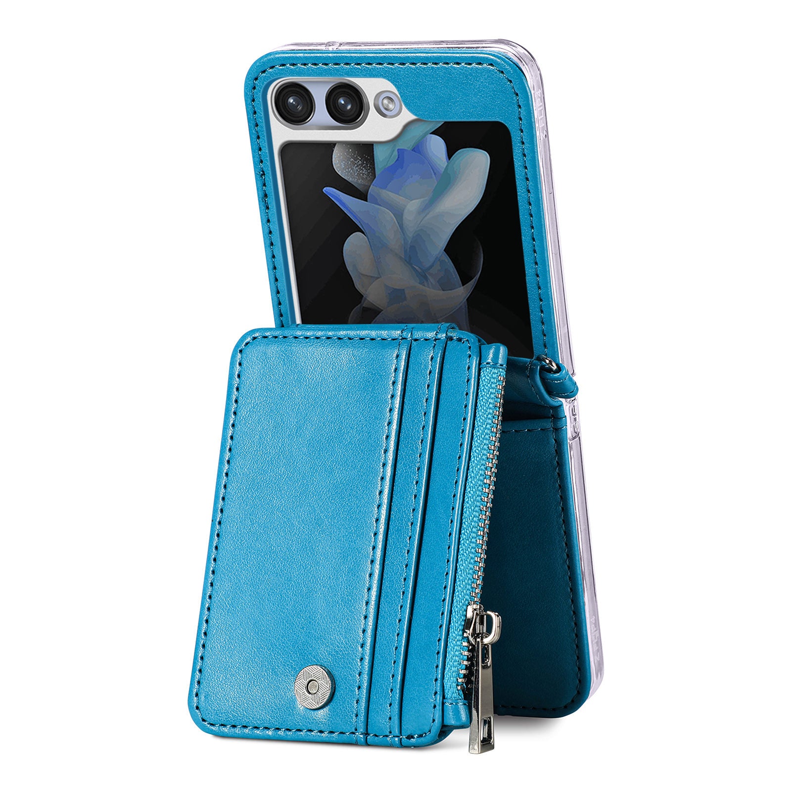For Samsung Galaxy Z Flip6 5G Case Zipper Card Holder Leather Phone Cover with Long Strap - Blue