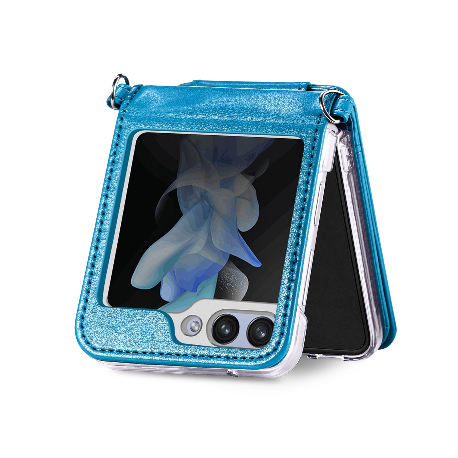 For Samsung Galaxy Z Flip6 5G Case Zipper Card Holder Leather Phone Cover with Long Strap - Blue