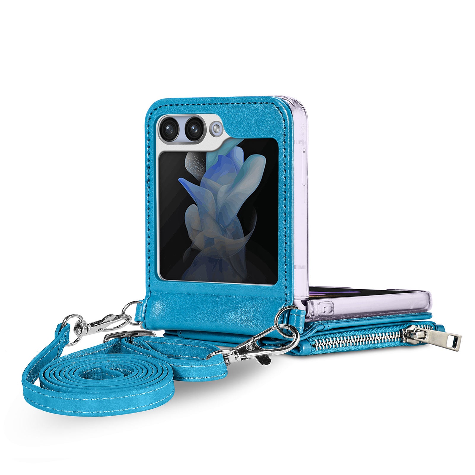 For Samsung Galaxy Z Flip6 5G Case Zipper Card Holder Leather Phone Cover with Long Strap - Blue
