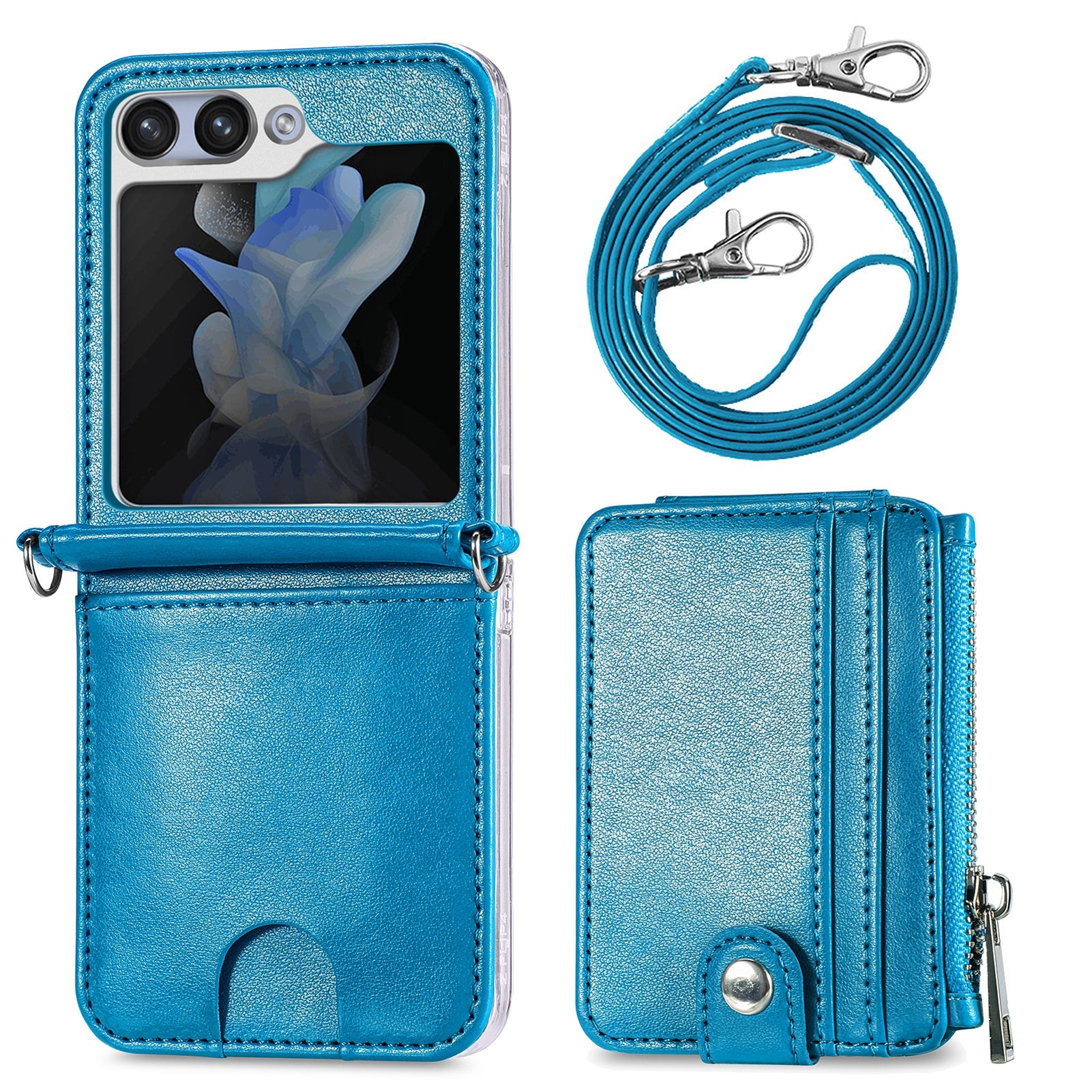 For Samsung Galaxy Z Flip6 5G Case Zipper Card Holder Leather Phone Cover with Long Strap - Blue