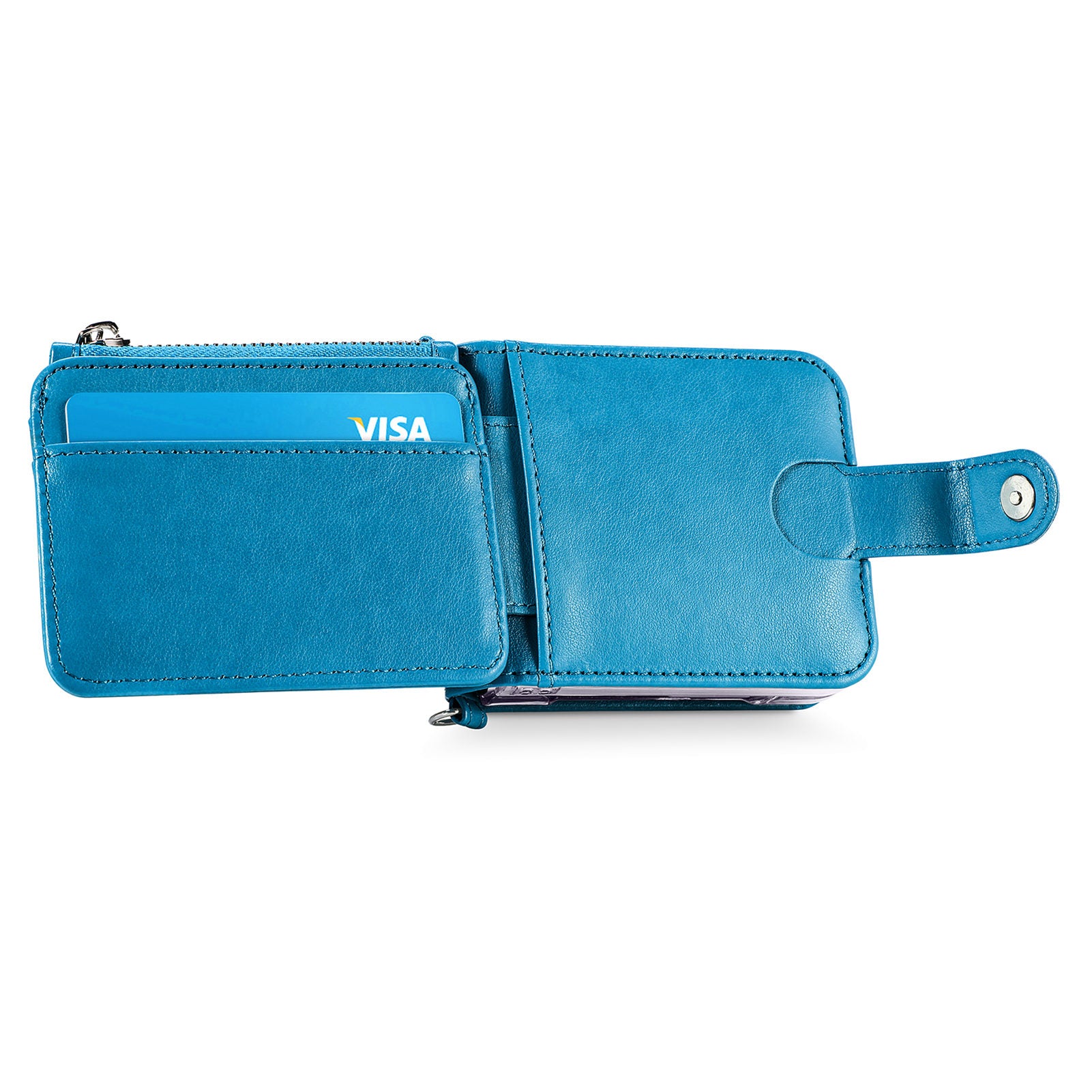 For Samsung Galaxy Z Flip6 5G Case Zipper Card Holder Leather Phone Cover with Long Strap - Blue
