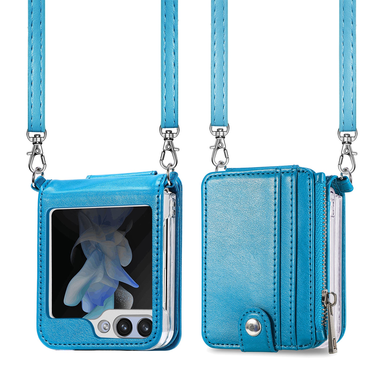 For Samsung Galaxy Z Flip6 5G Case Zipper Card Holder Leather Phone Cover with Long Strap - Blue