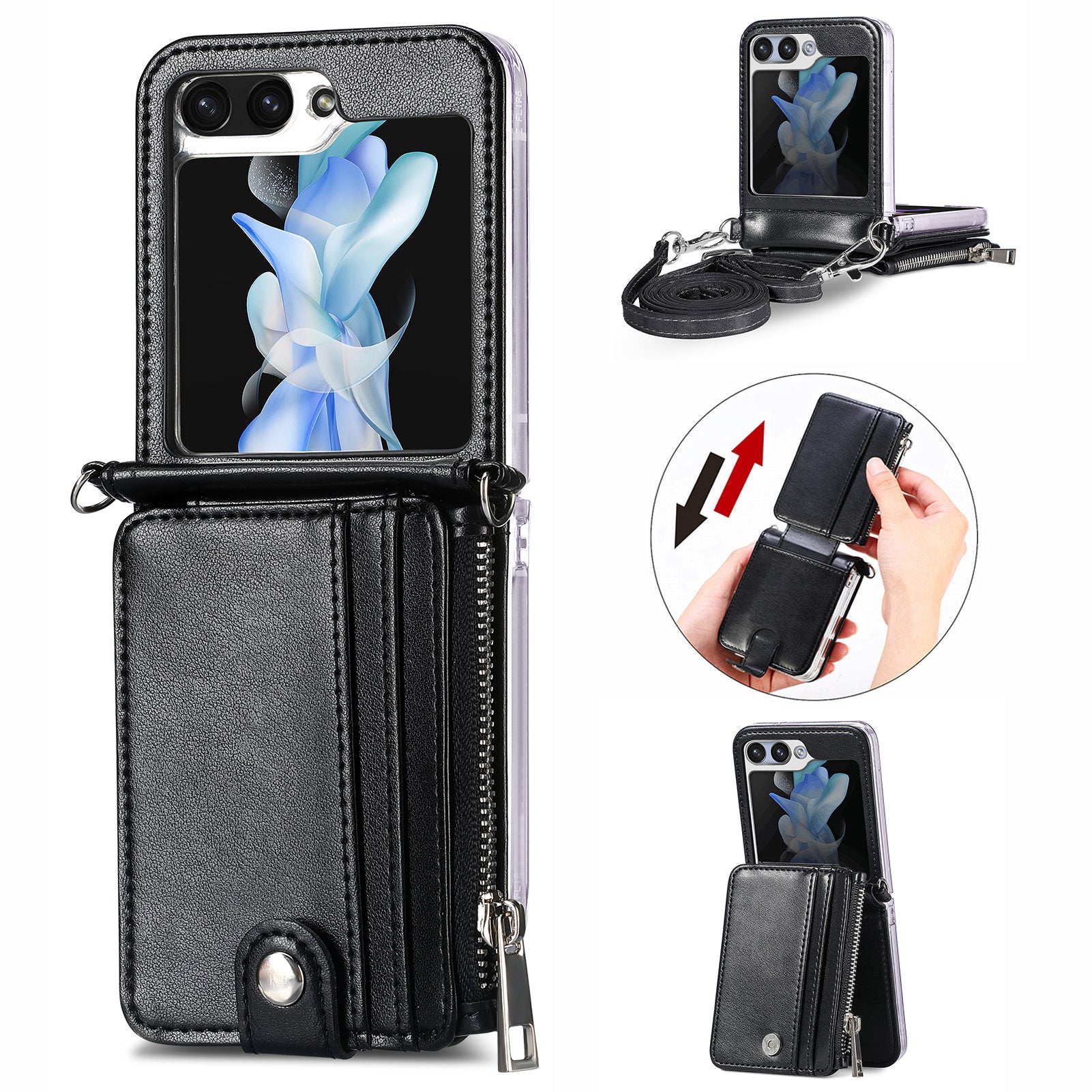 For Samsung Galaxy Z Flip6 5G Case Zipper Card Holder Leather Phone Cover with Long Strap - Black