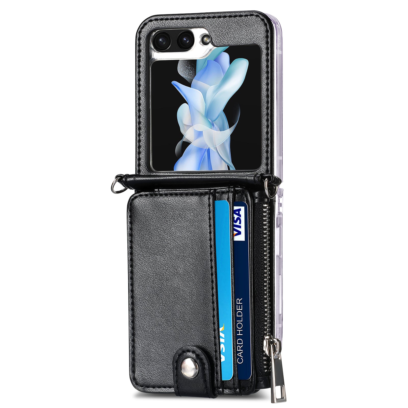 For Samsung Galaxy Z Flip6 5G Case Zipper Card Holder Leather Phone Cover with Long Strap - Black