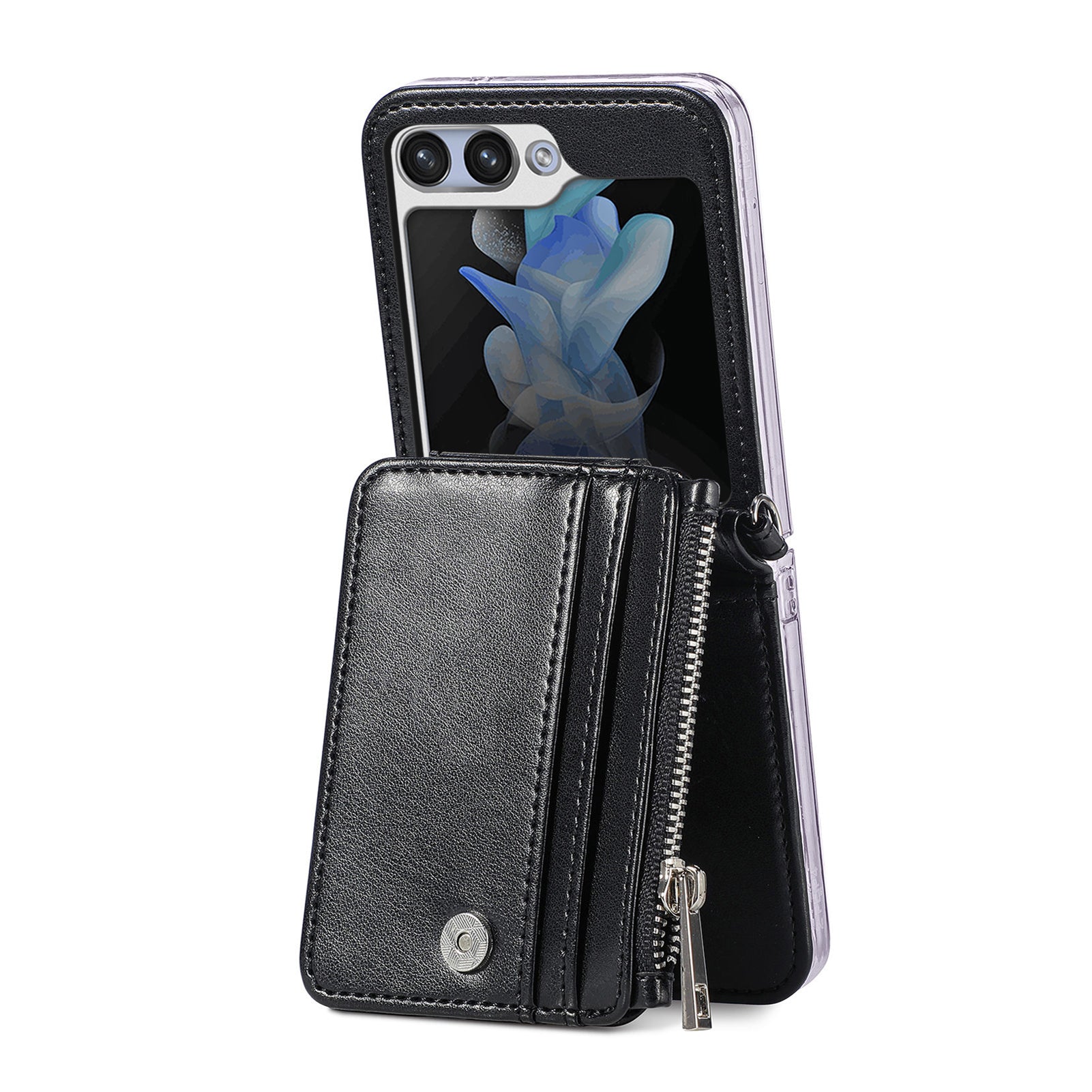 For Samsung Galaxy Z Flip6 5G Case Zipper Card Holder Leather Phone Cover with Long Strap - Black