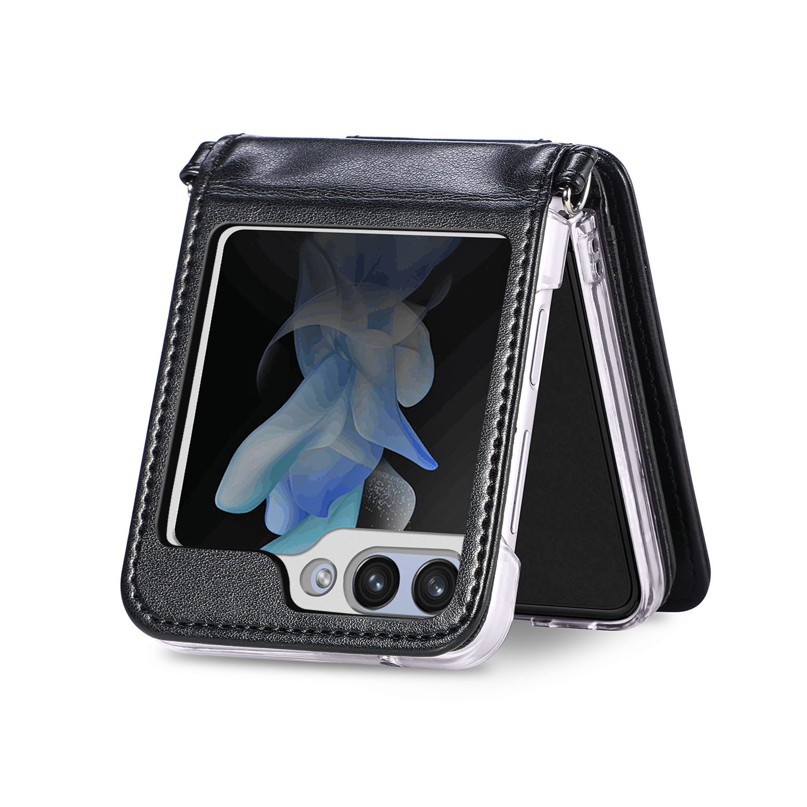 For Samsung Galaxy Z Flip6 5G Case Zipper Card Holder Leather Phone Cover with Long Strap - Black