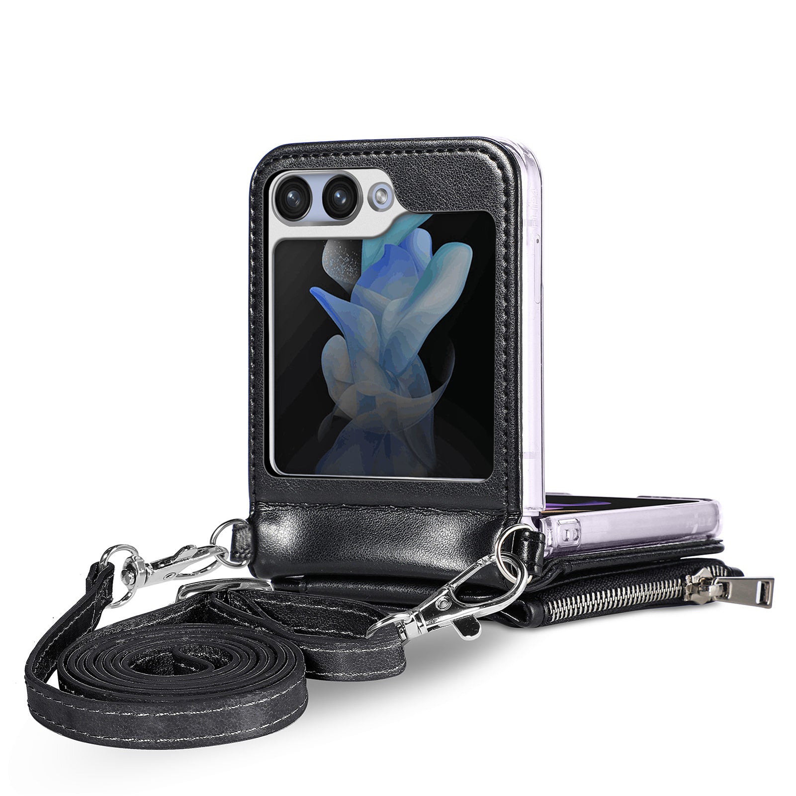 For Samsung Galaxy Z Flip6 5G Case Zipper Card Holder Leather Phone Cover with Long Strap - Black