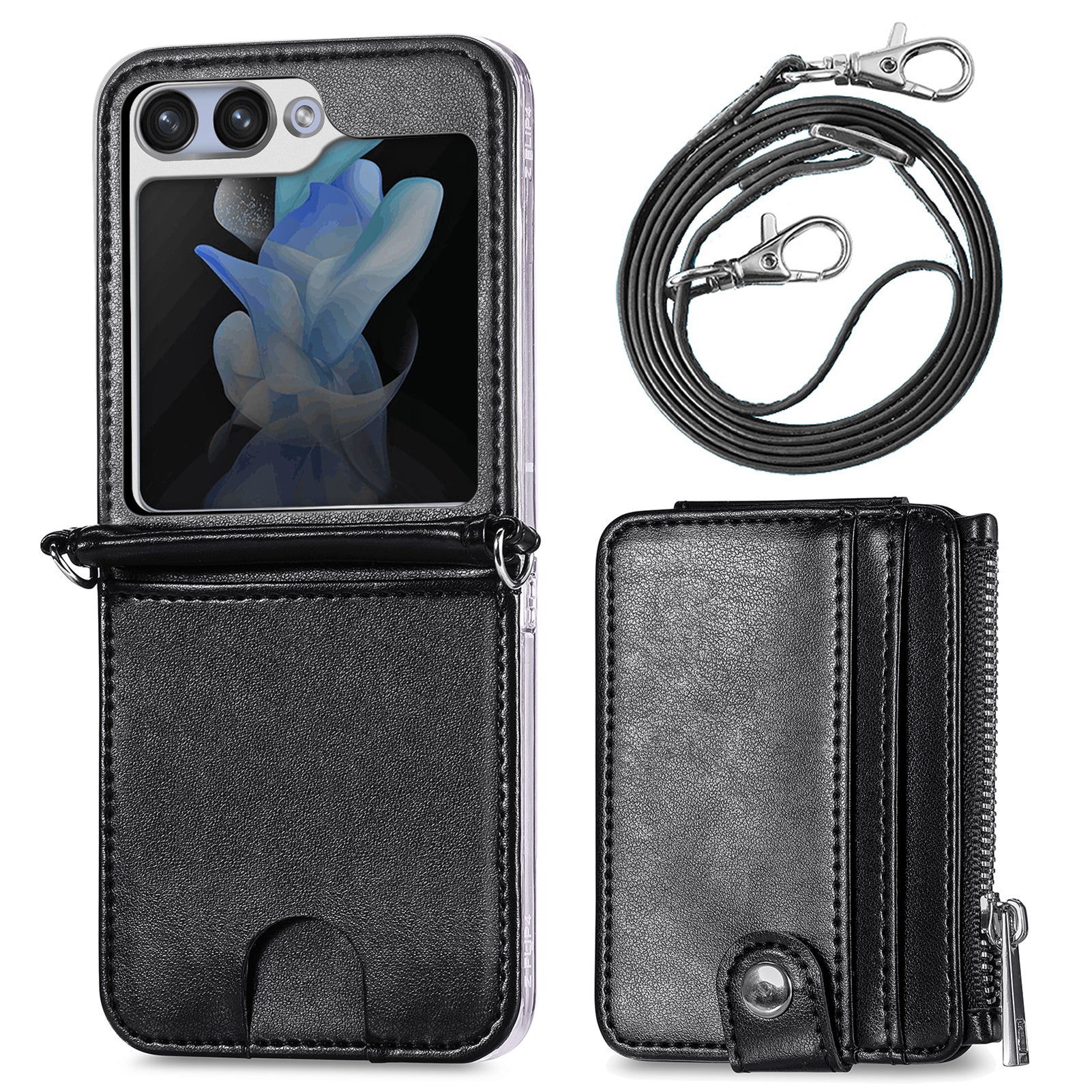 For Samsung Galaxy Z Flip6 5G Case Zipper Card Holder Leather Phone Cover with Long Strap - Black