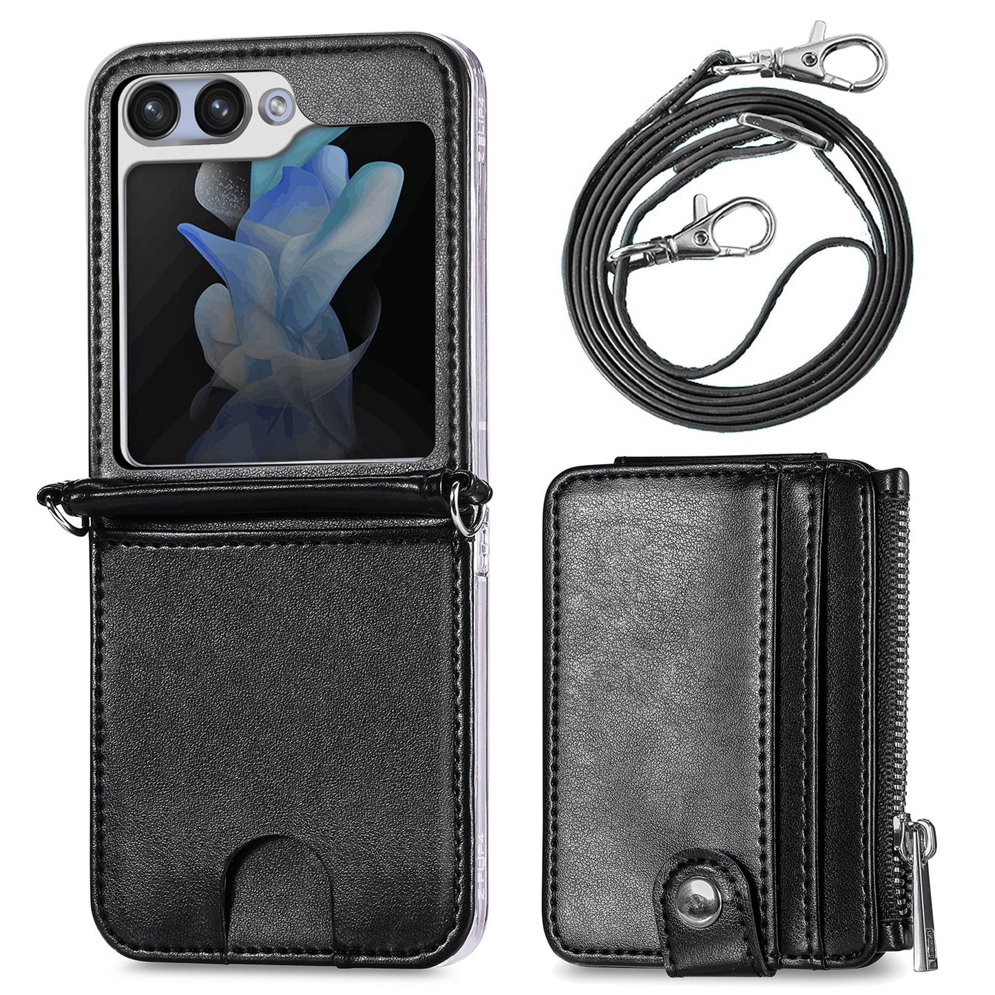For Samsung Galaxy Z Flip6 5G Case Zipper Card Holder Leather Phone Cover with Long Strap - Black