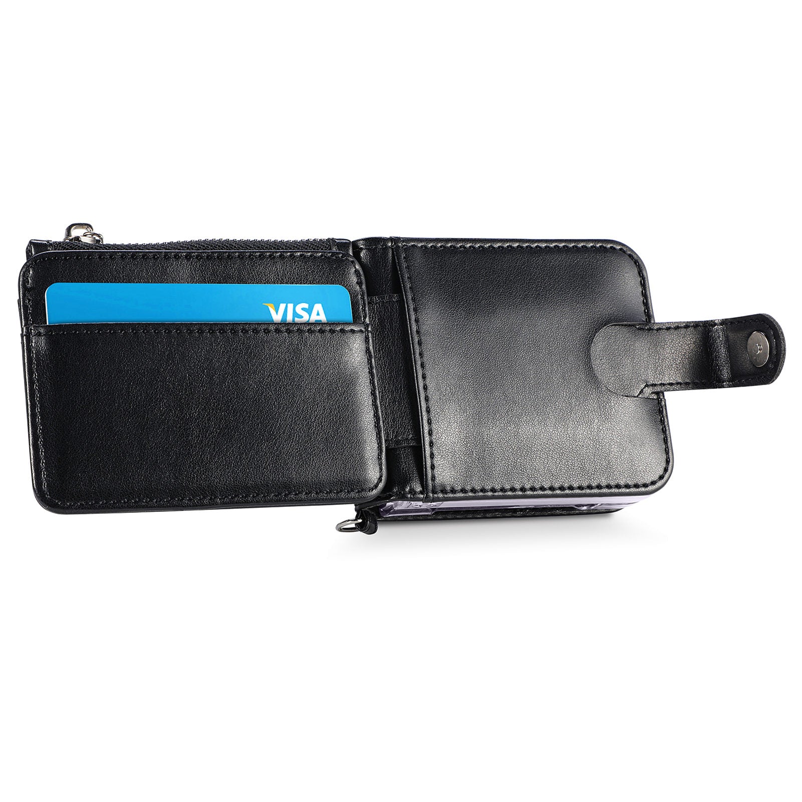 For Samsung Galaxy Z Flip6 5G Case Zipper Card Holder Leather Phone Cover with Long Strap - Black