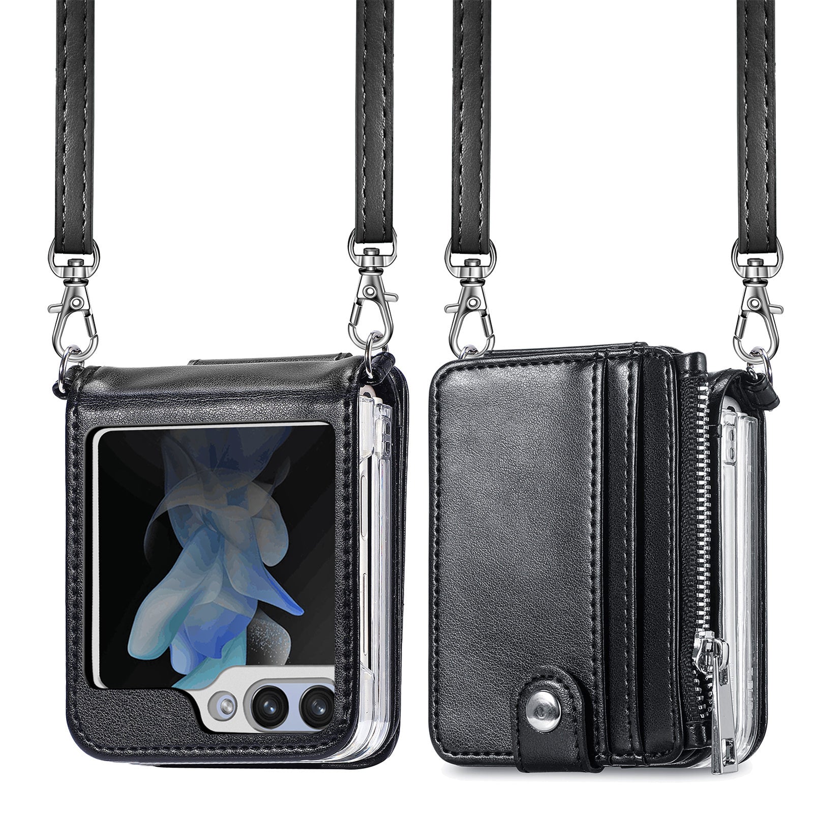 For Samsung Galaxy Z Flip6 5G Case Zipper Card Holder Leather Phone Cover with Long Strap - Black