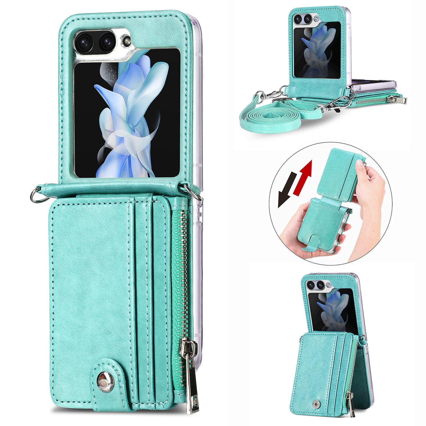 For Samsung Galaxy Z Flip6 5G Case Zipper Card Holder Leather Phone Cover with Long Strap - Green