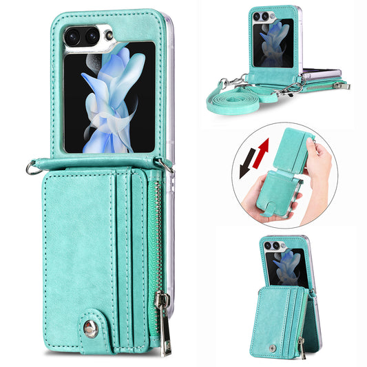 For Samsung Galaxy Z Flip6 5G Case Zipper Card Holder Leather Phone Cover with Long Strap - Green