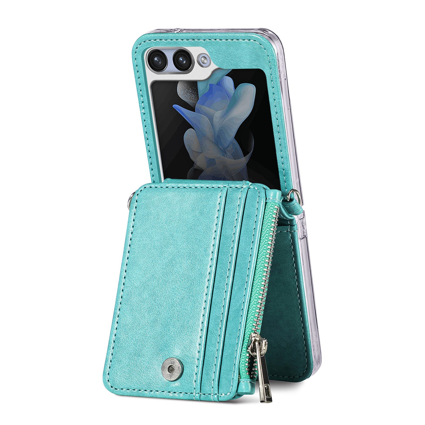 For Samsung Galaxy Z Flip6 5G Case Zipper Card Holder Leather Phone Cover with Long Strap - Green