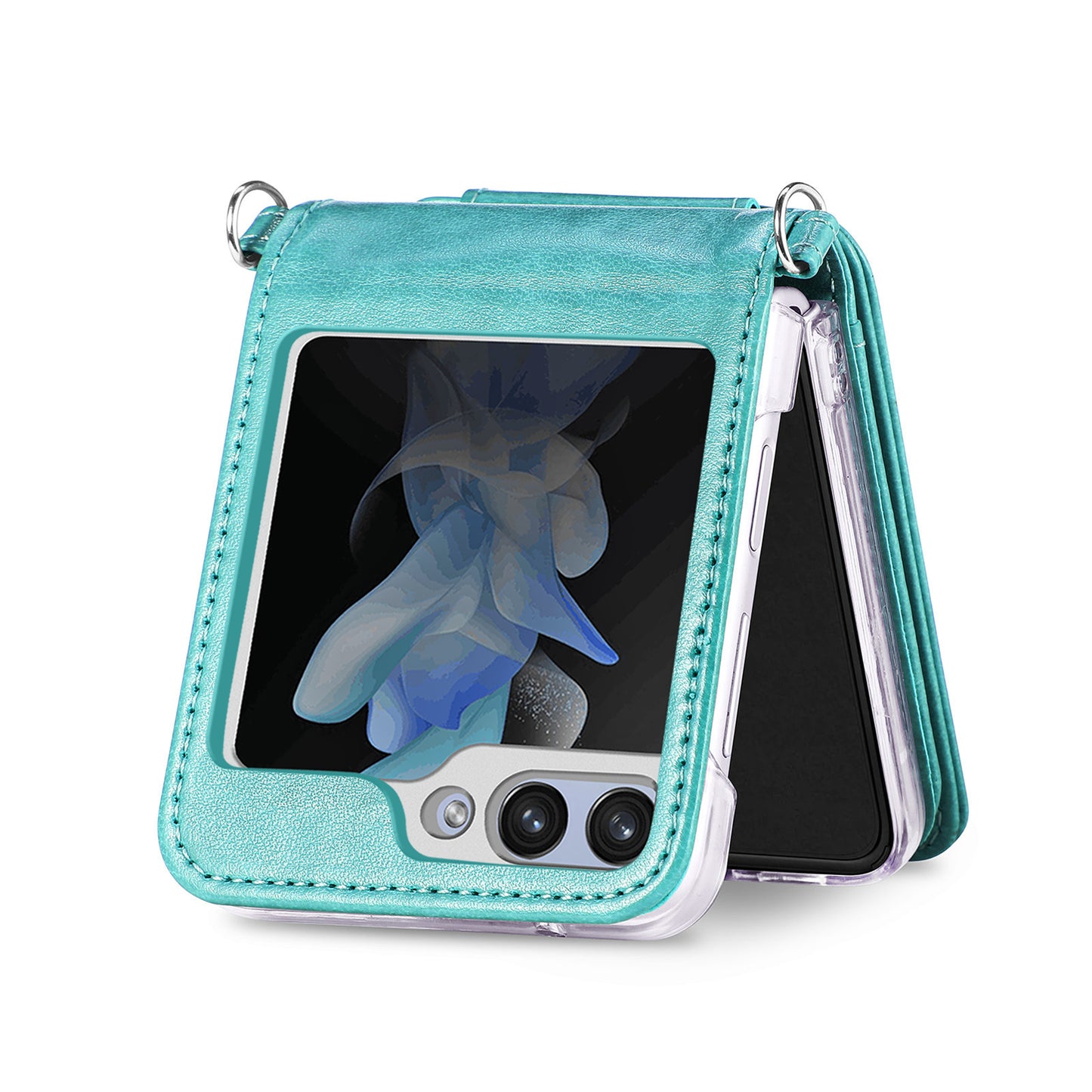 For Samsung Galaxy Z Flip6 5G Case Zipper Card Holder Leather Phone Cover with Long Strap - Green