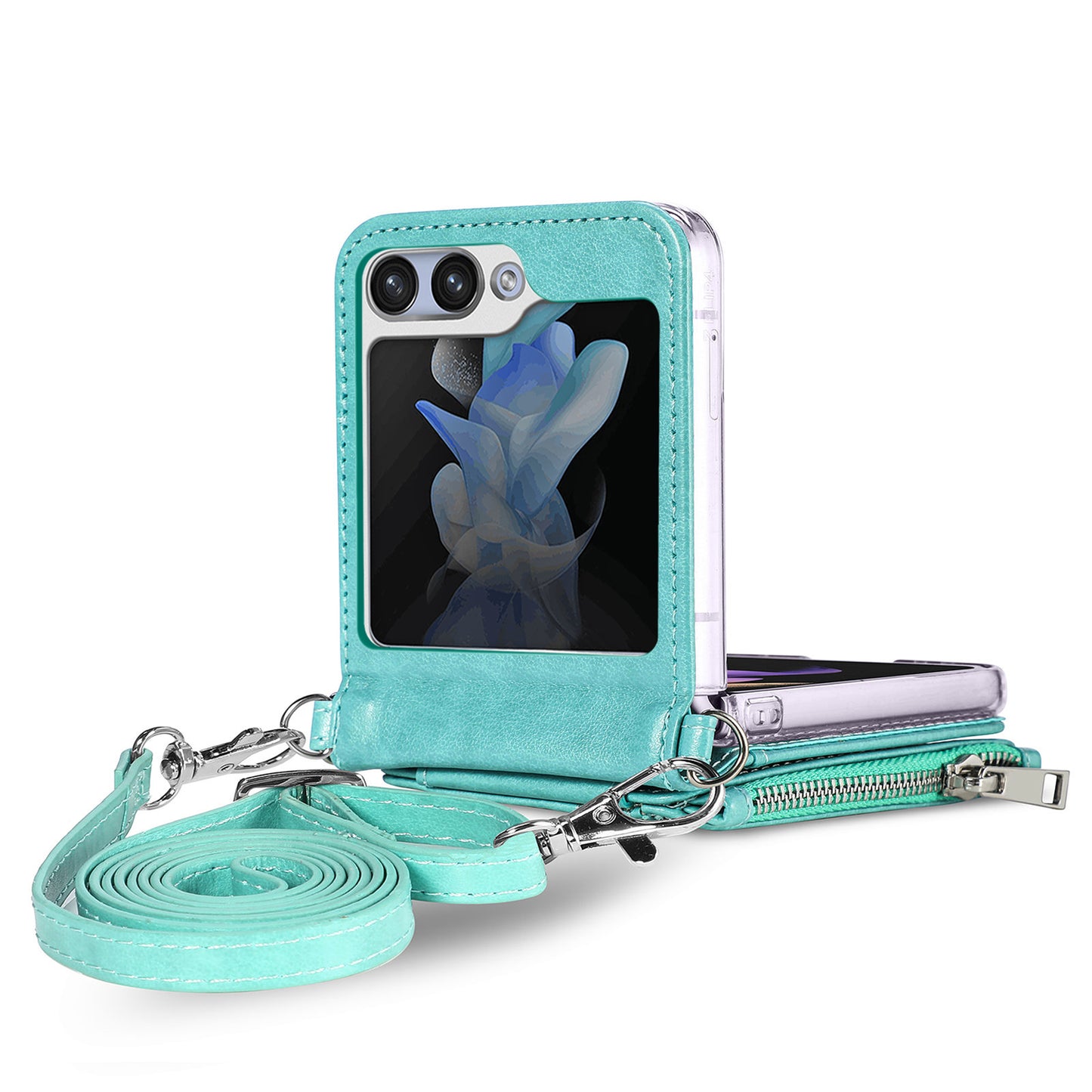 For Samsung Galaxy Z Flip6 5G Case Zipper Card Holder Leather Phone Cover with Long Strap - Green