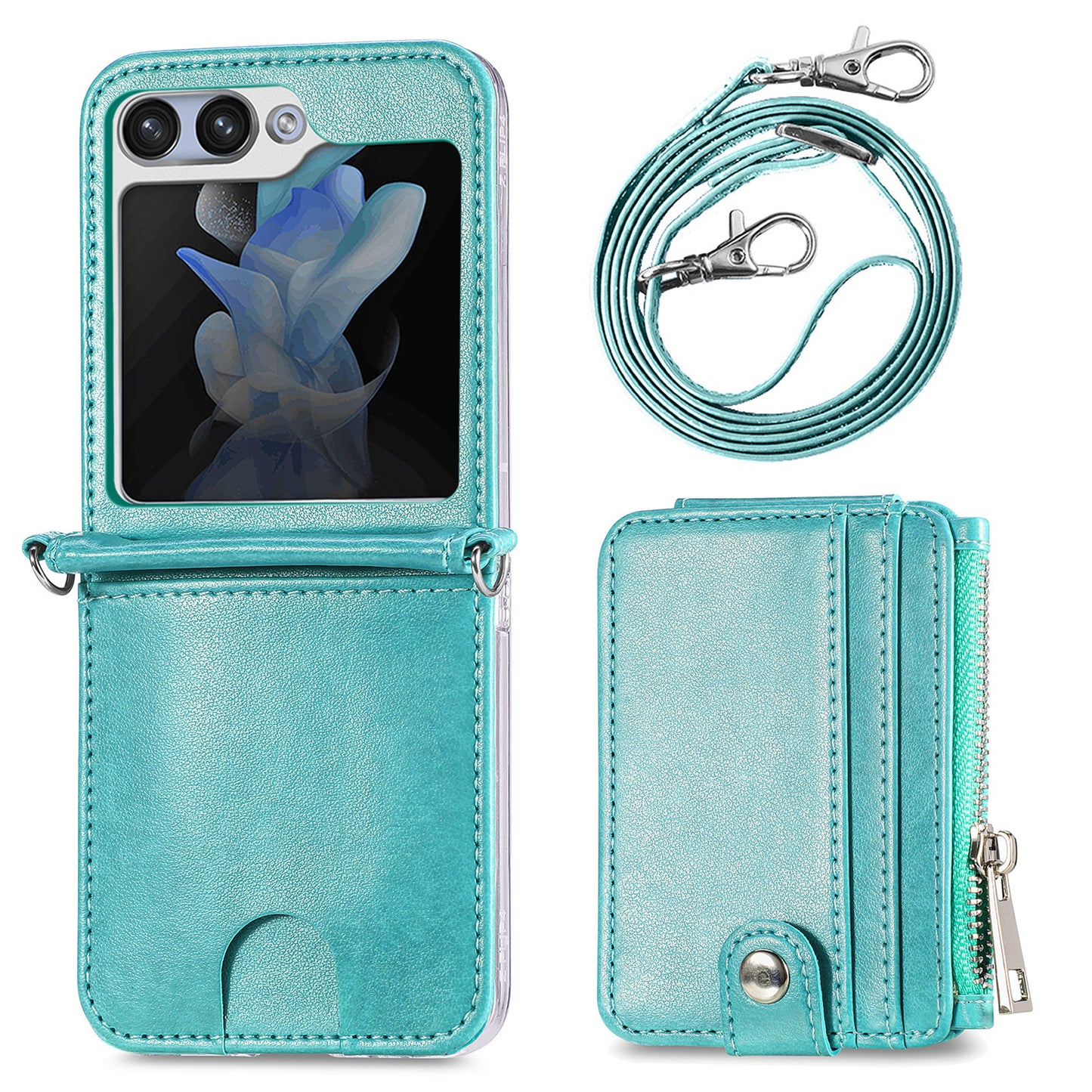 For Samsung Galaxy Z Flip6 5G Case Zipper Card Holder Leather Phone Cover with Long Strap - Green