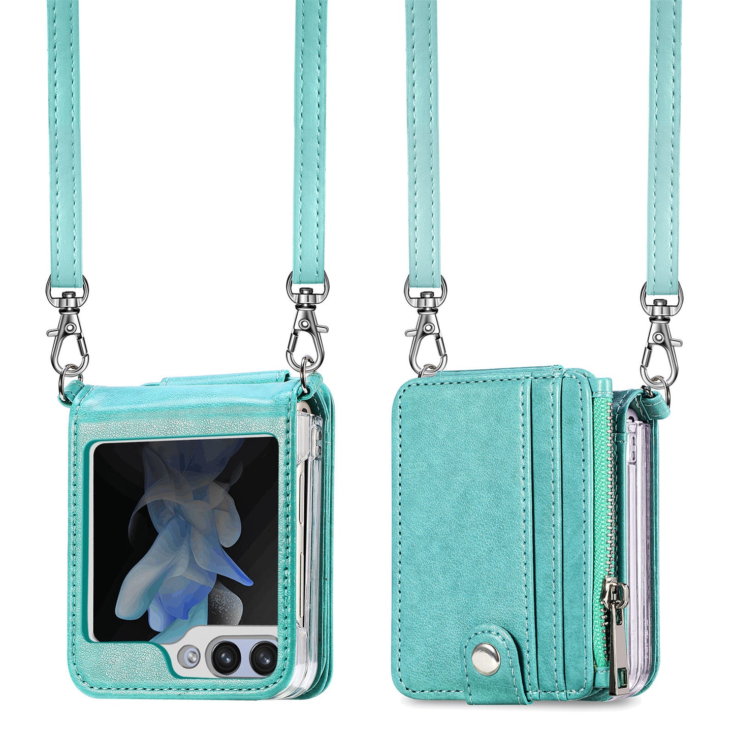 For Samsung Galaxy Z Flip6 5G Case Zipper Card Holder Leather Phone Cover with Long Strap - Green