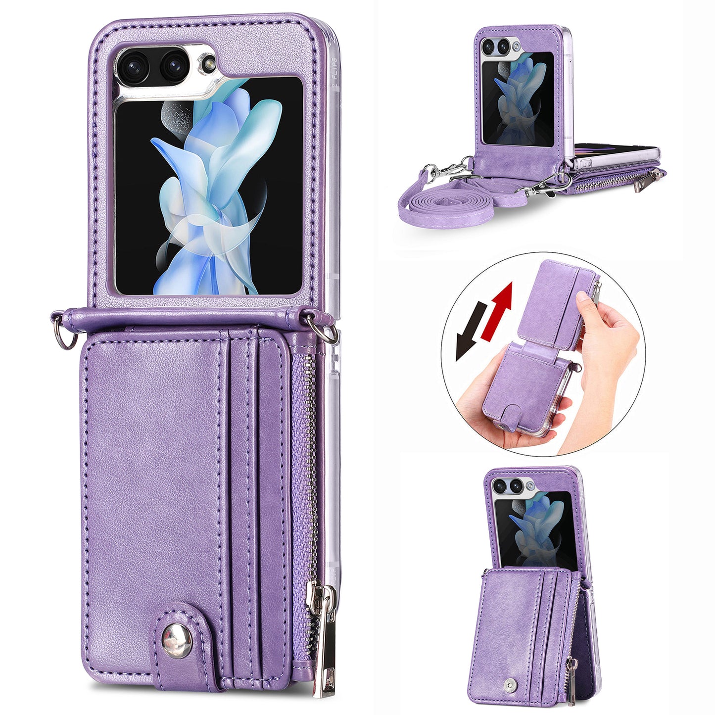 For Samsung Galaxy Z Flip6 5G Case Zipper Card Holder Leather Phone Cover with Long Strap - Purple