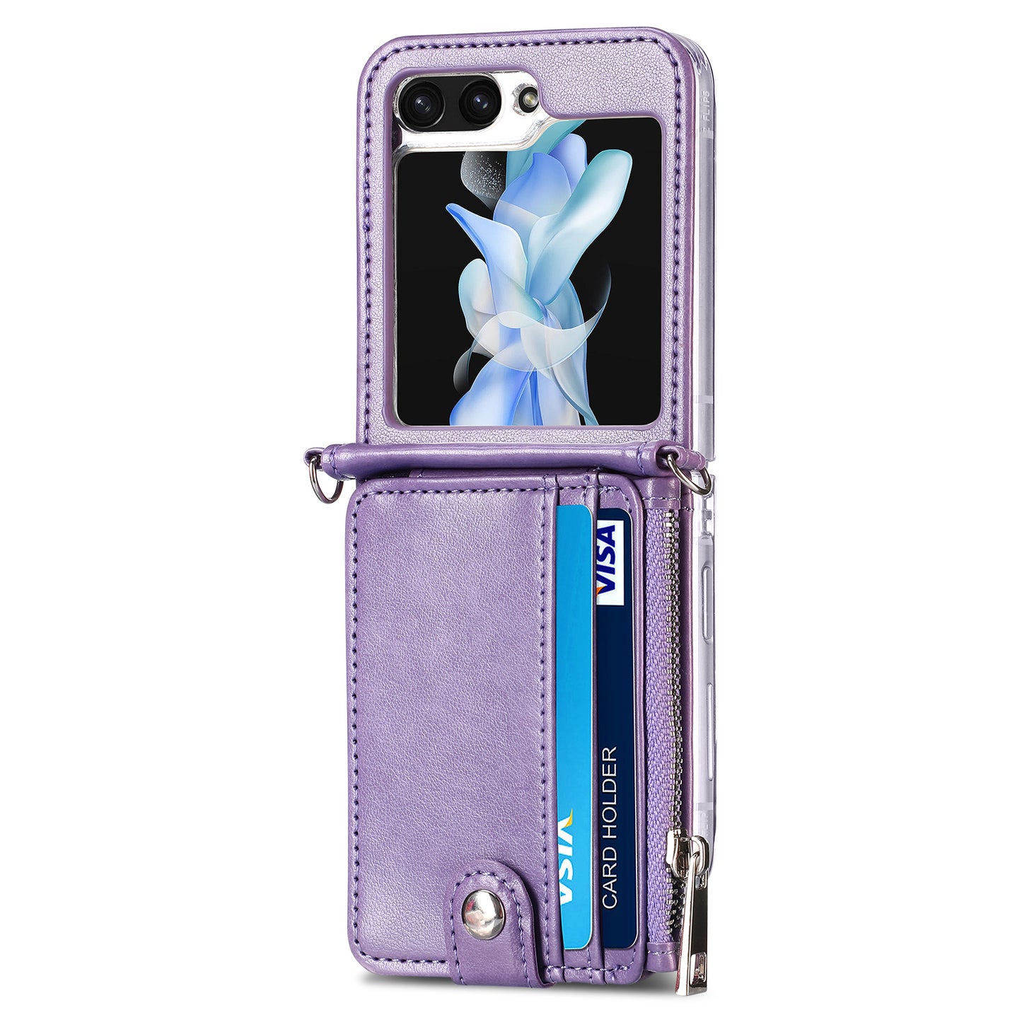 For Samsung Galaxy Z Flip6 5G Case Zipper Card Holder Leather Phone Cover with Long Strap - Purple