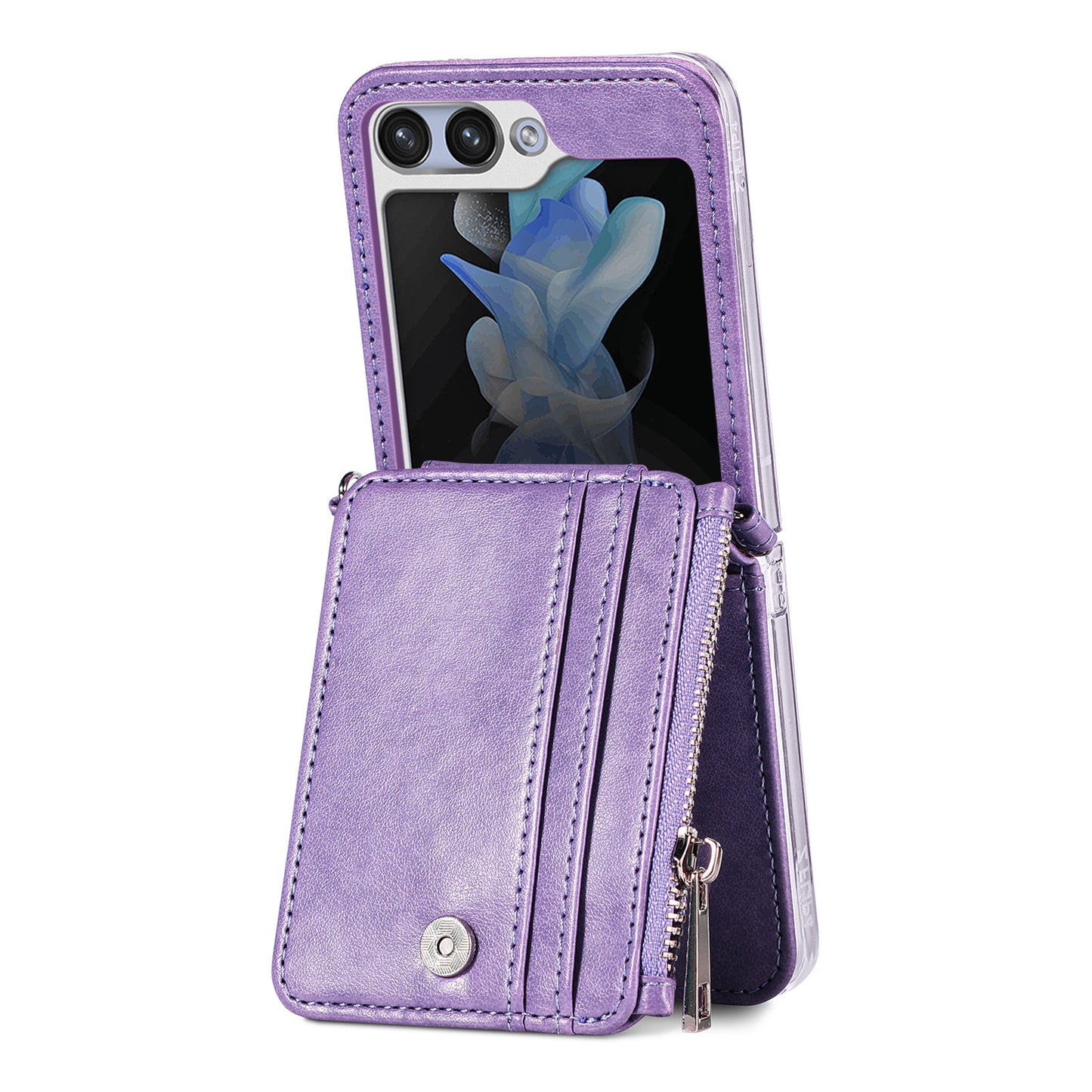 For Samsung Galaxy Z Flip6 5G Case Zipper Card Holder Leather Phone Cover with Long Strap - Purple