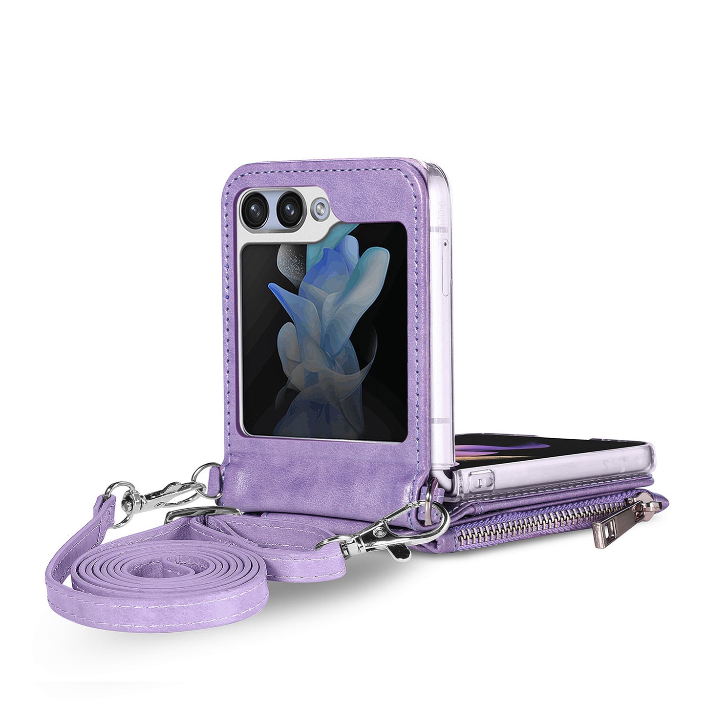 For Samsung Galaxy Z Flip6 5G Case Zipper Card Holder Leather Phone Cover with Long Strap - Purple