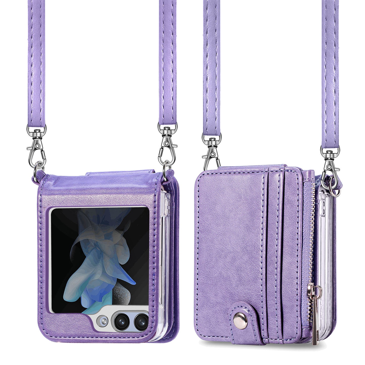 For Samsung Galaxy Z Flip6 5G Case Zipper Card Holder Leather Phone Cover with Long Strap - Purple