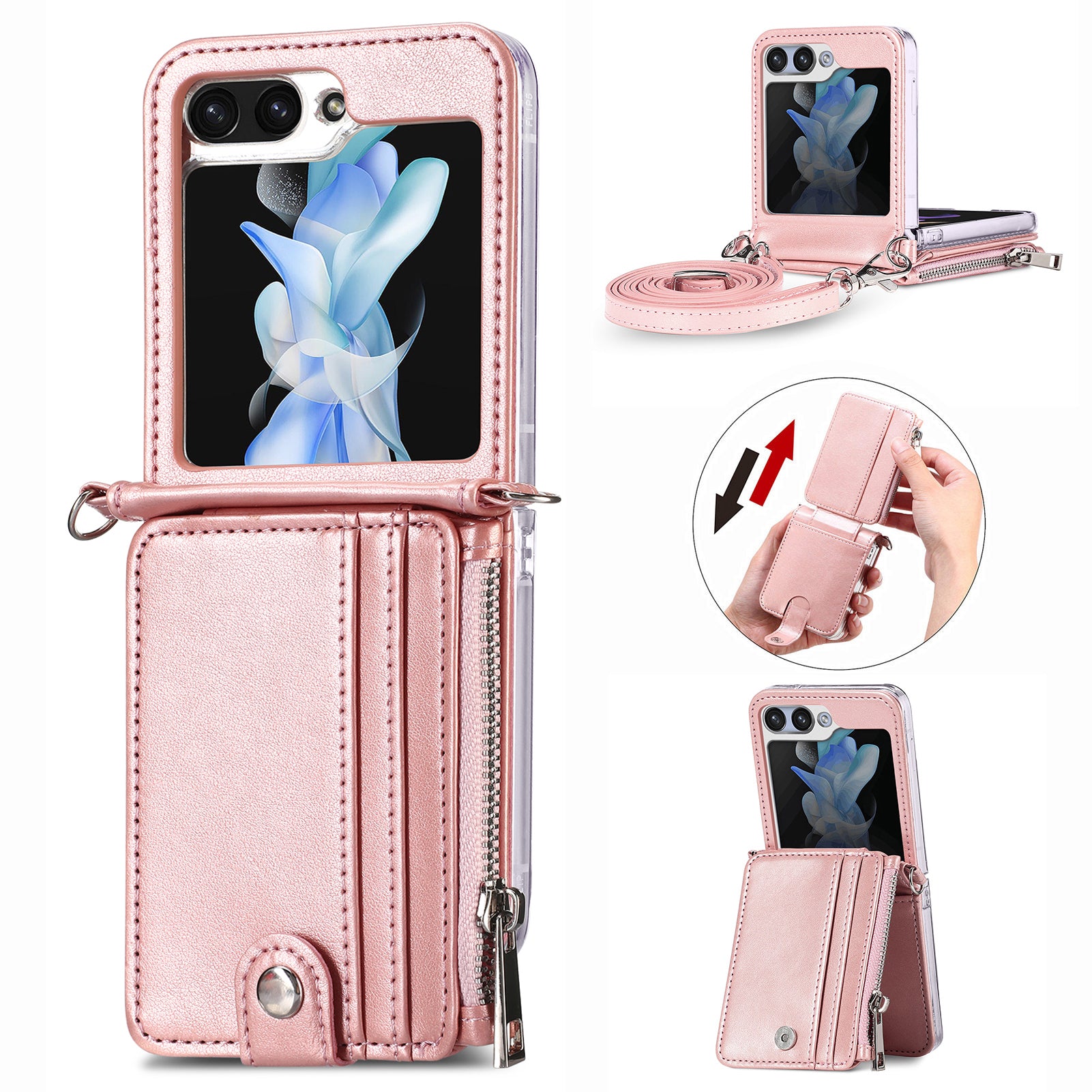 For Samsung Galaxy Z Flip6 5G Case Zipper Card Holder Leather Phone Cover with Long Strap - Pink