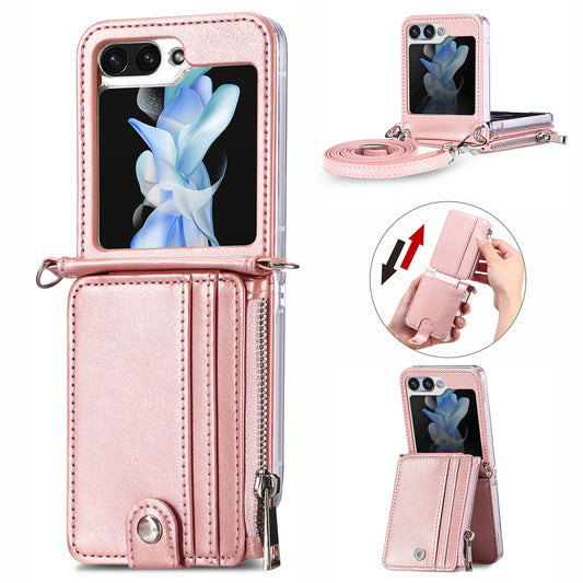 For Samsung Galaxy Z Flip6 5G Case Zipper Card Holder Leather Phone Cover with Long Strap - Pink