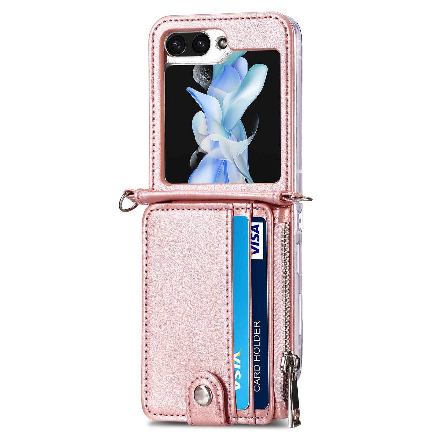 For Samsung Galaxy Z Flip6 5G Case Zipper Card Holder Leather Phone Cover with Long Strap - Pink