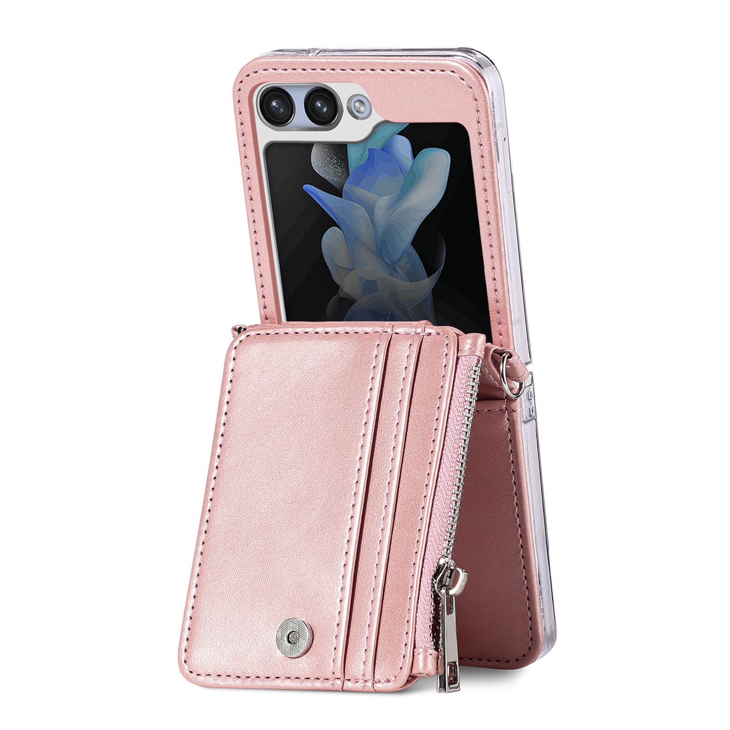 For Samsung Galaxy Z Flip6 5G Case Zipper Card Holder Leather Phone Cover with Long Strap - Pink