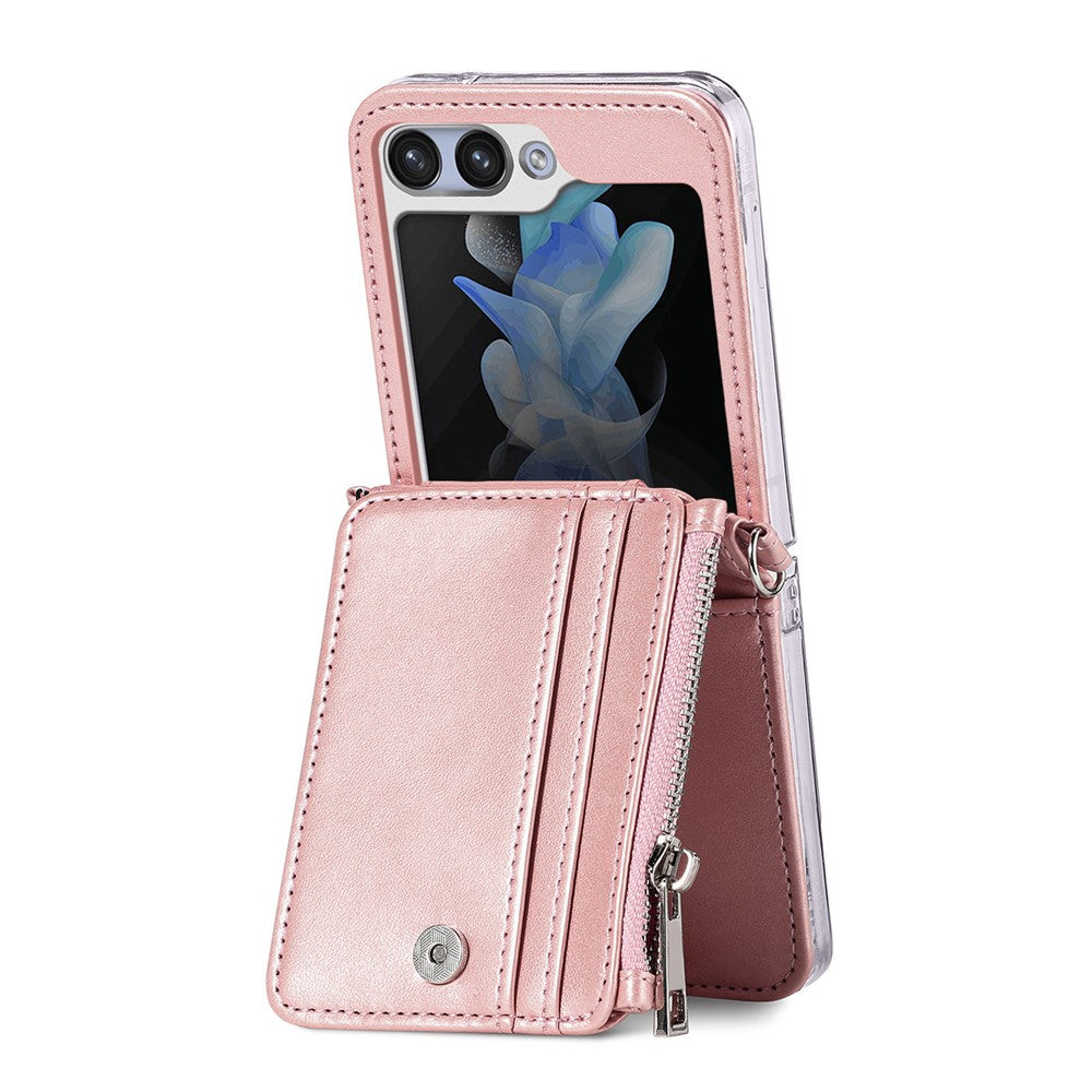 For Samsung Galaxy Z Flip7 FE 5G / Z Flip6 5G Case Zipper Card Holder Leather Phone Cover with Long Strap - Pink