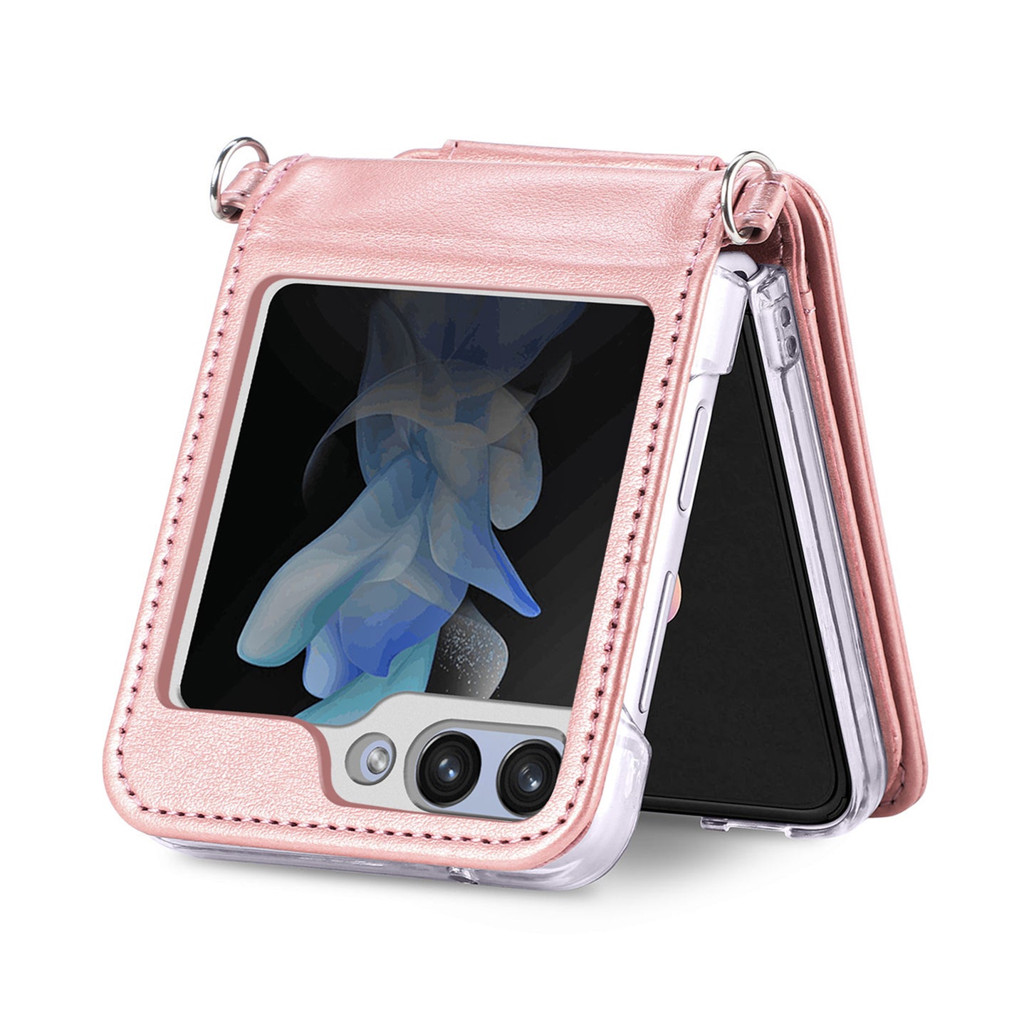 For Samsung Galaxy Z Flip6 5G Case Zipper Card Holder Leather Phone Cover with Long Strap - Pink