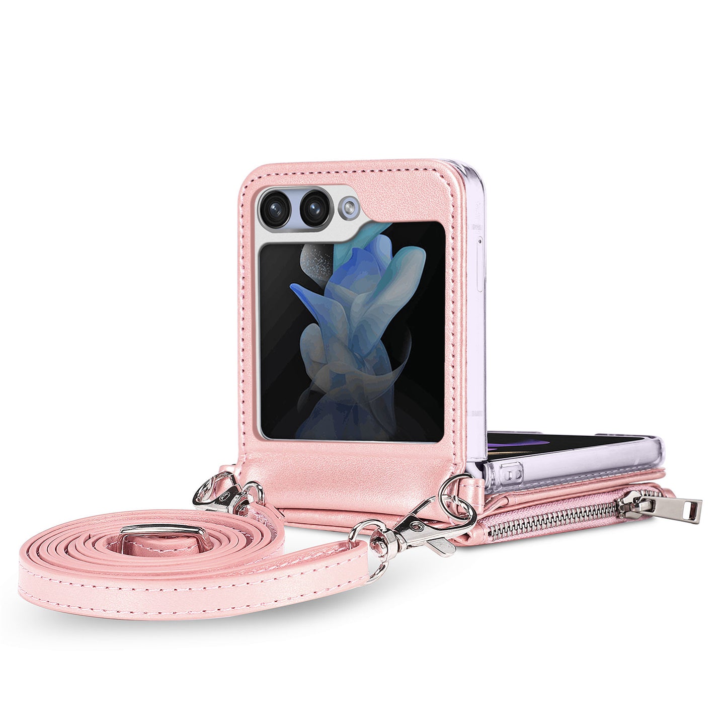 For Samsung Galaxy Z Flip6 5G Case Zipper Card Holder Leather Phone Cover with Long Strap - Pink