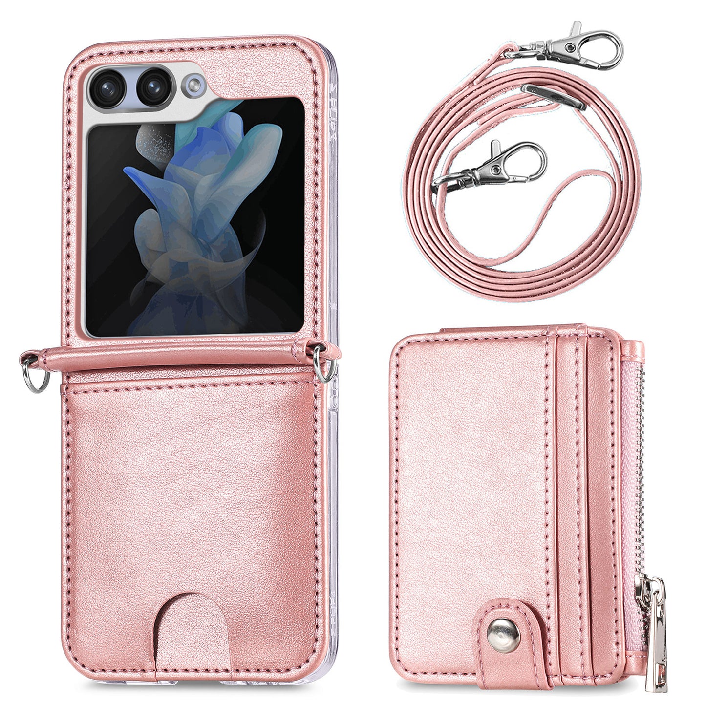 For Samsung Galaxy Z Flip6 5G Case Zipper Card Holder Leather Phone Cover with Long Strap - Pink